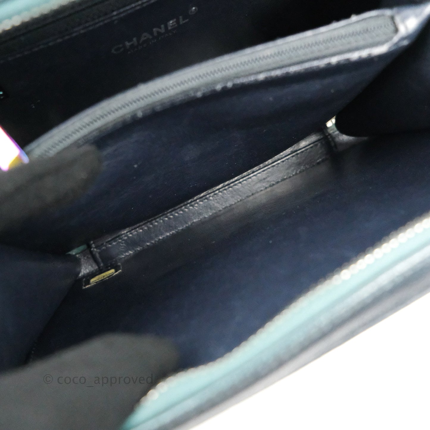 Chanel Quilted Medium CC Filigree Vanity Case Iridescent Dark Turquoise Caviar Rainbow Hardware