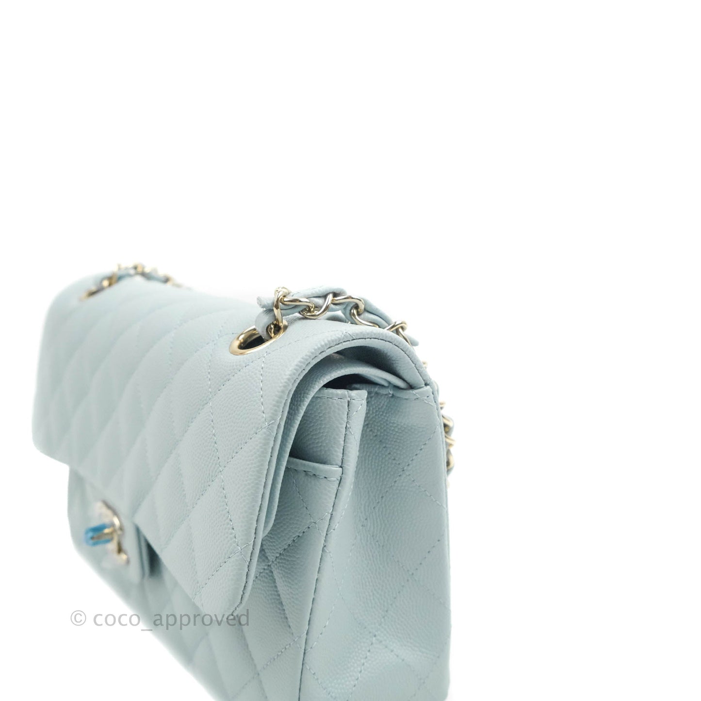 Chanel Small Classic Quilted Flap Light Blue Caviar Gold Hardware