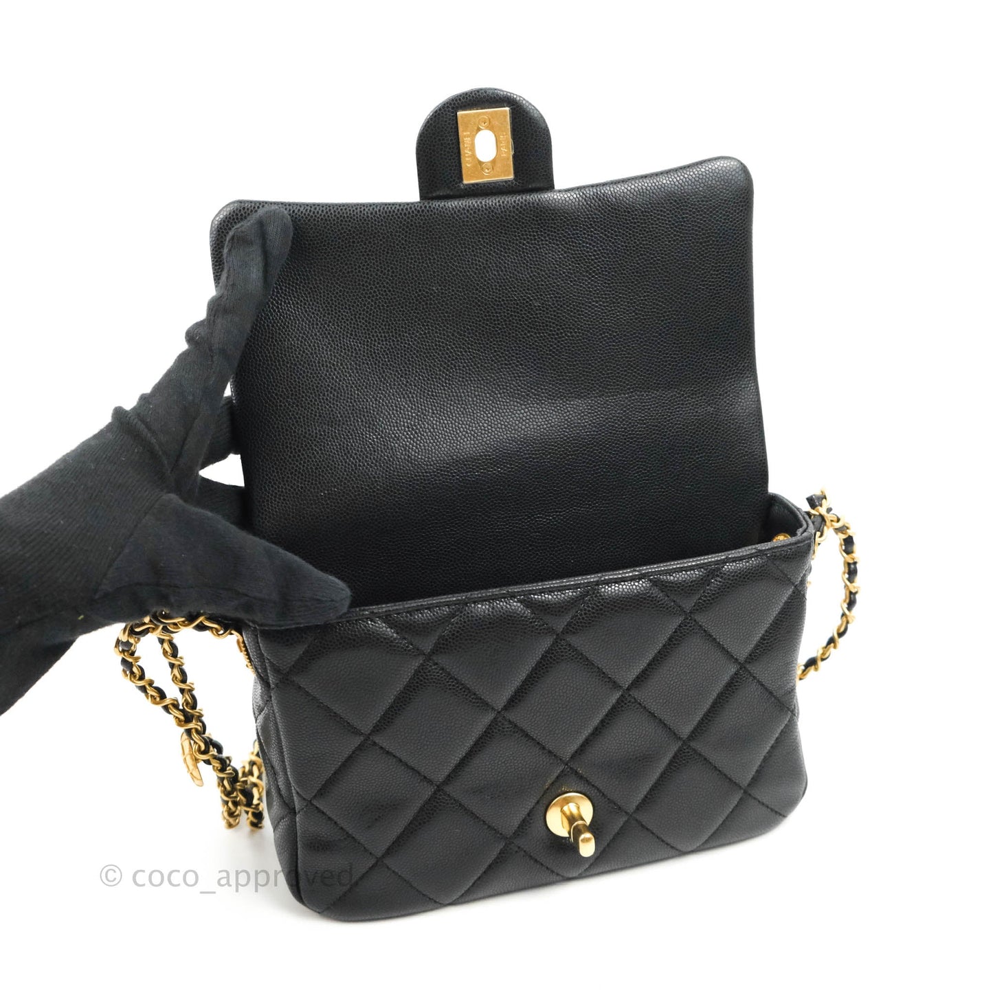 Chanel Small Buttons Gold Coins Flap Bag Black Caviar Aged Gold Hardware
