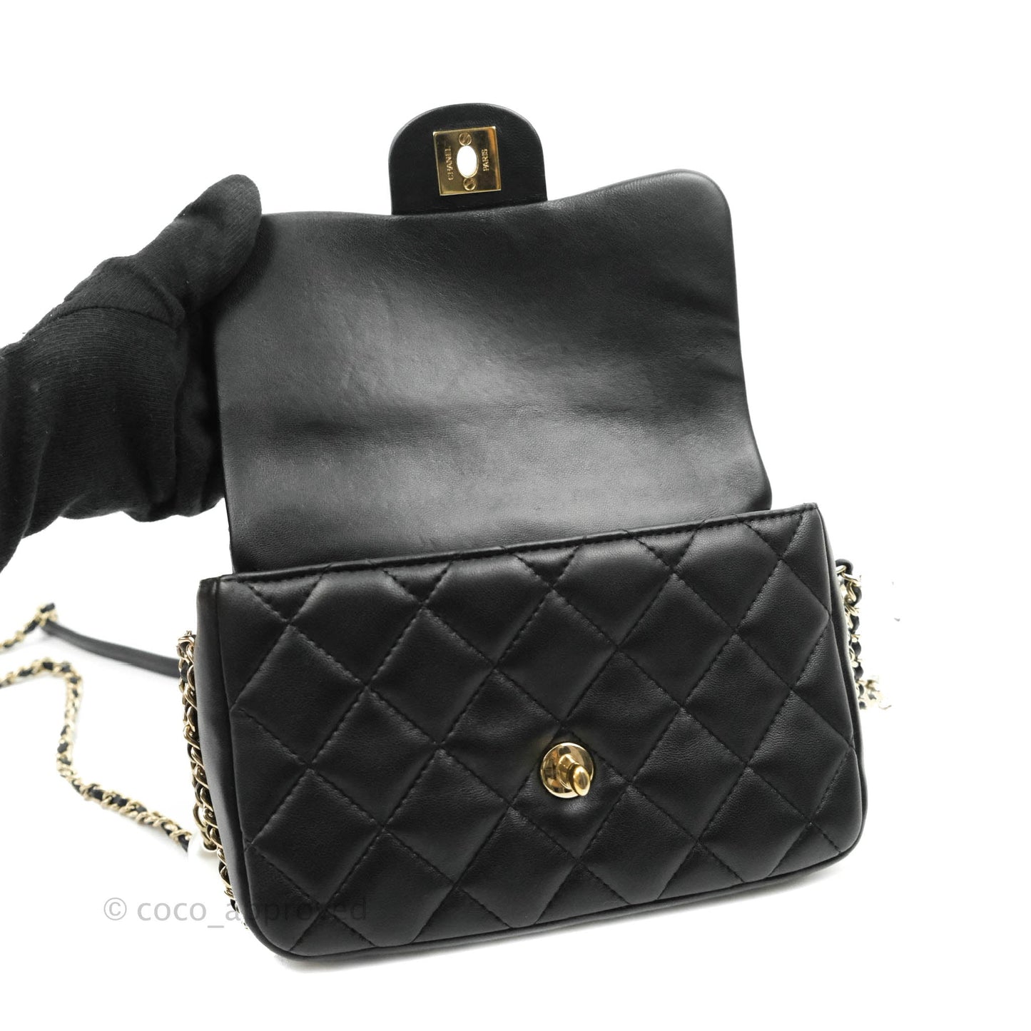 Chanel Logo Pearl Chain Flap Bag Black Lambskin Gold Hardware