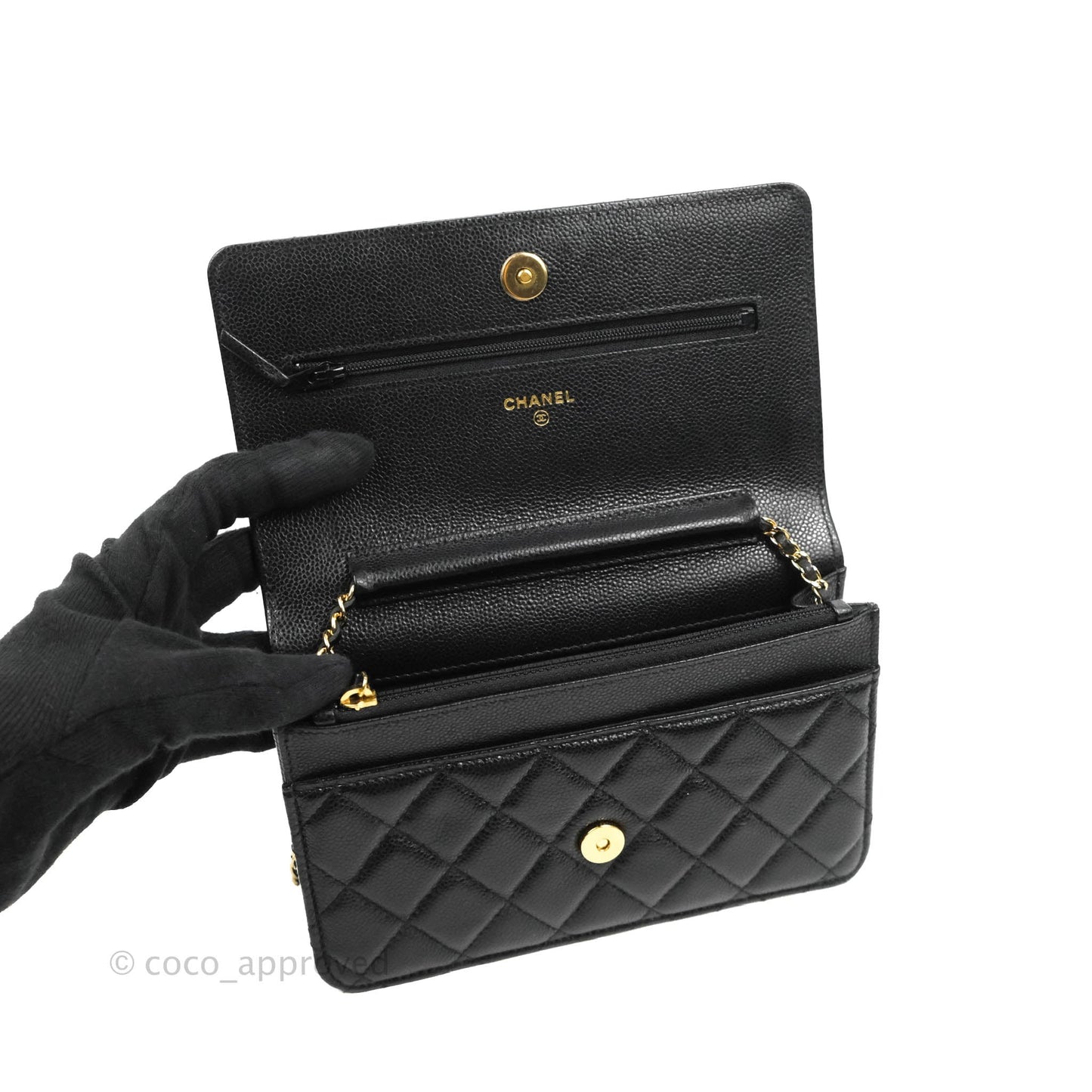 Chanel Quilted Wallet on Chain WOC CC Coco Chain Black Caviar Gold Hardware