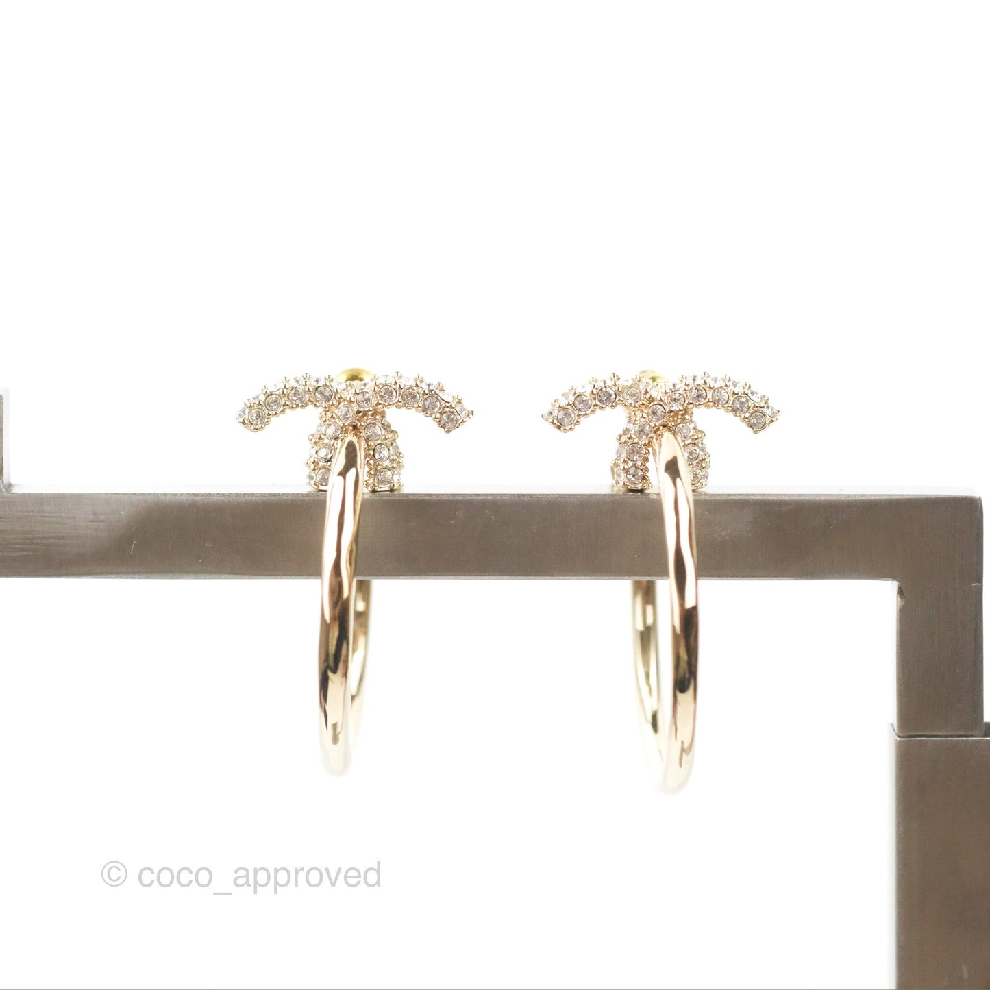 Chanel Crystal CC Hoop Earrings Gold Tone 22K