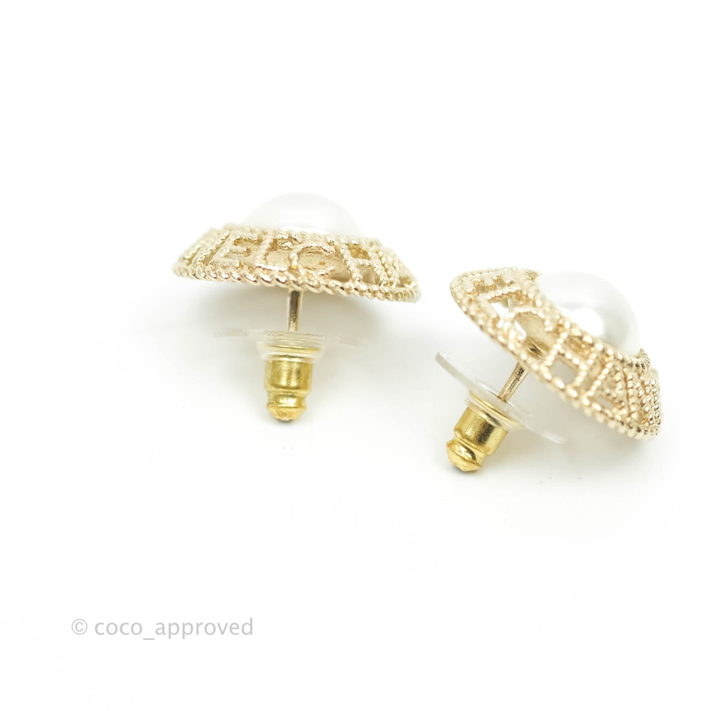 Chanel Pearl CC Round Rope Logo Earrings Gold Tone 21V