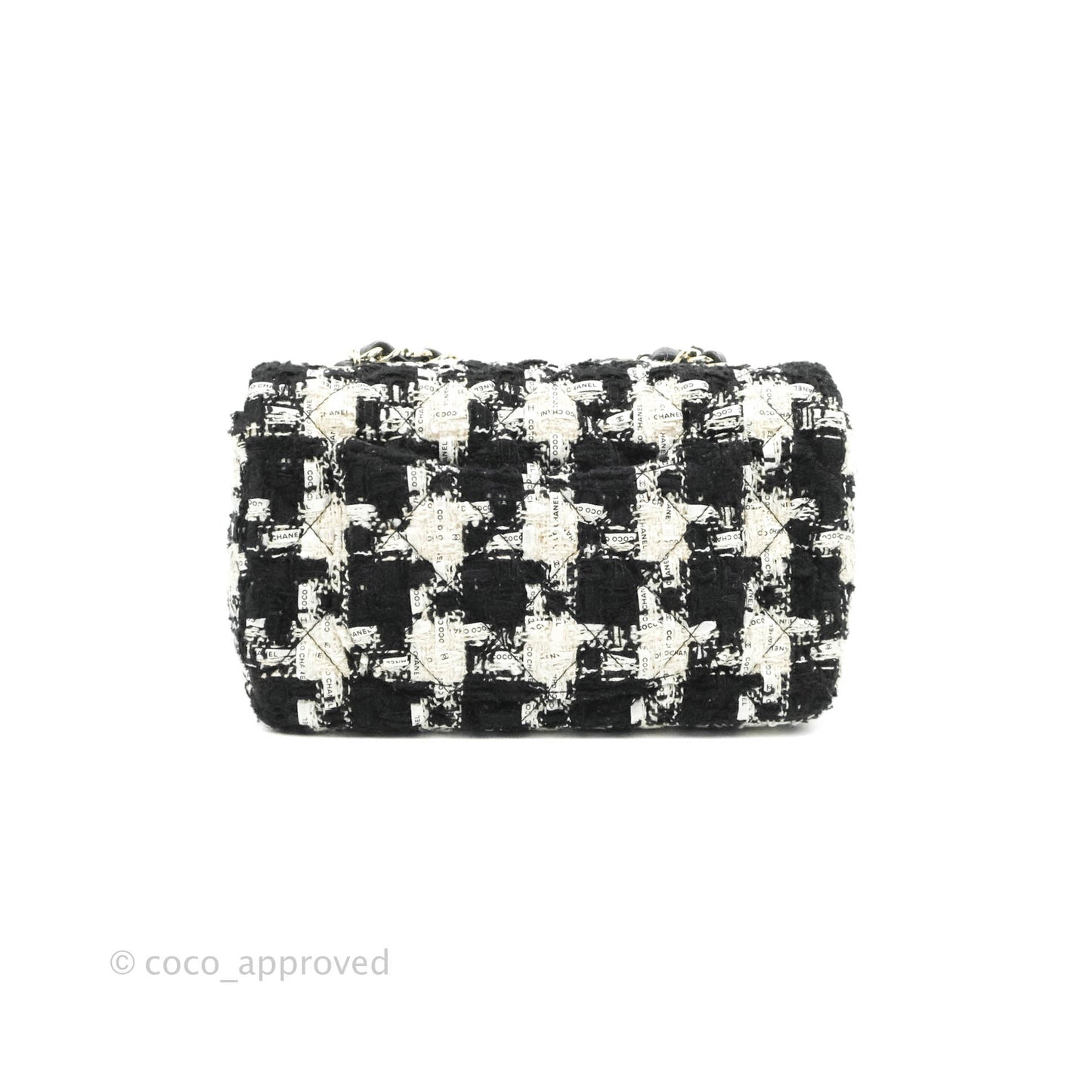 Chanel Quilted Mini Rectangular Flap Tweed Houndstooth Black & White Gold Hardware