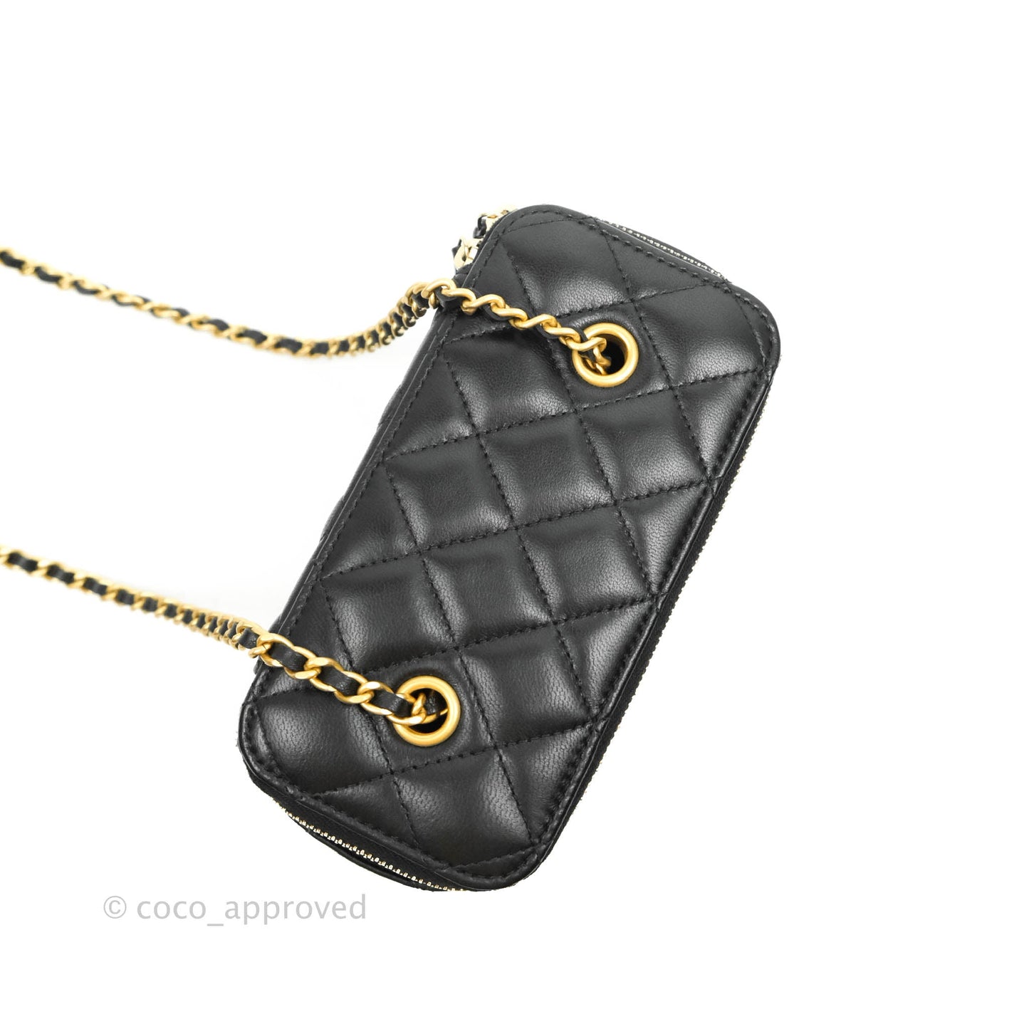 Chanel Vanity with Pearl Crush Chain in Black Lambskin Aged Gold Hardware