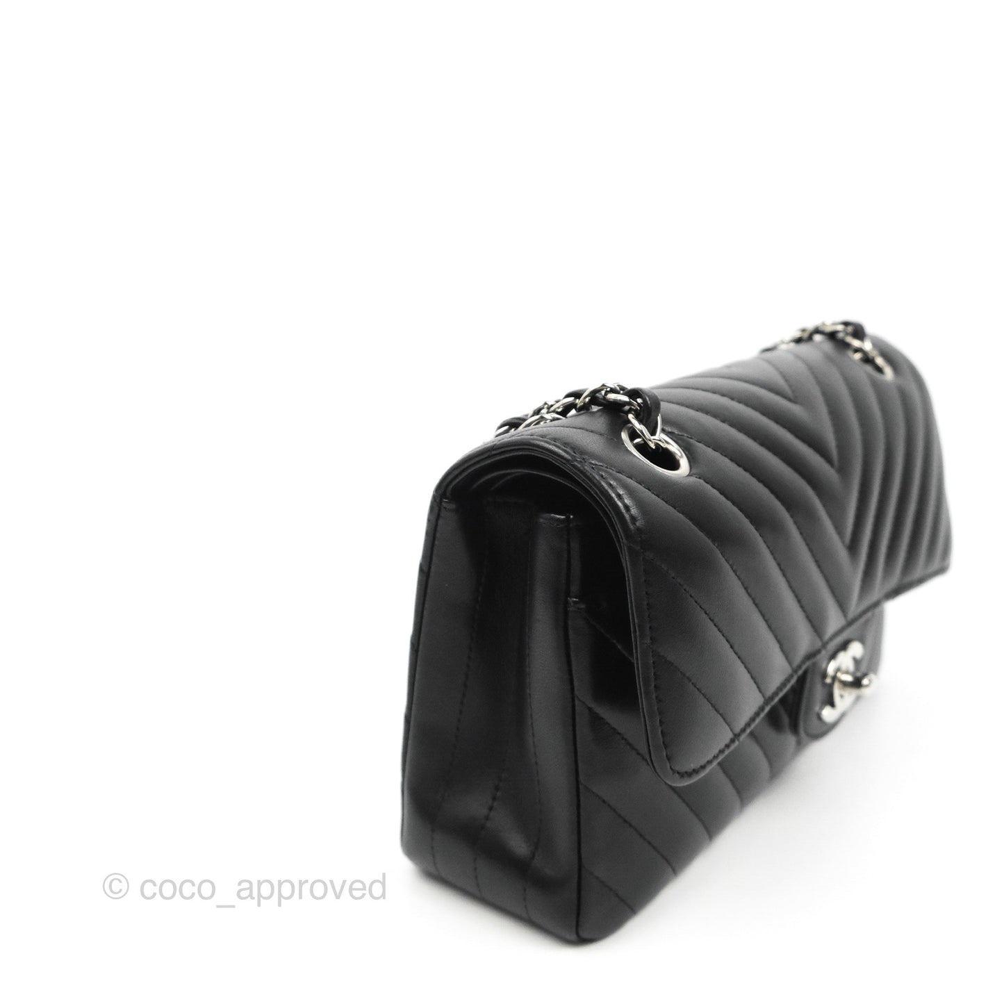 Chanel Small Classic Flap Chevron Black Lambskin Silver Hardware 21C