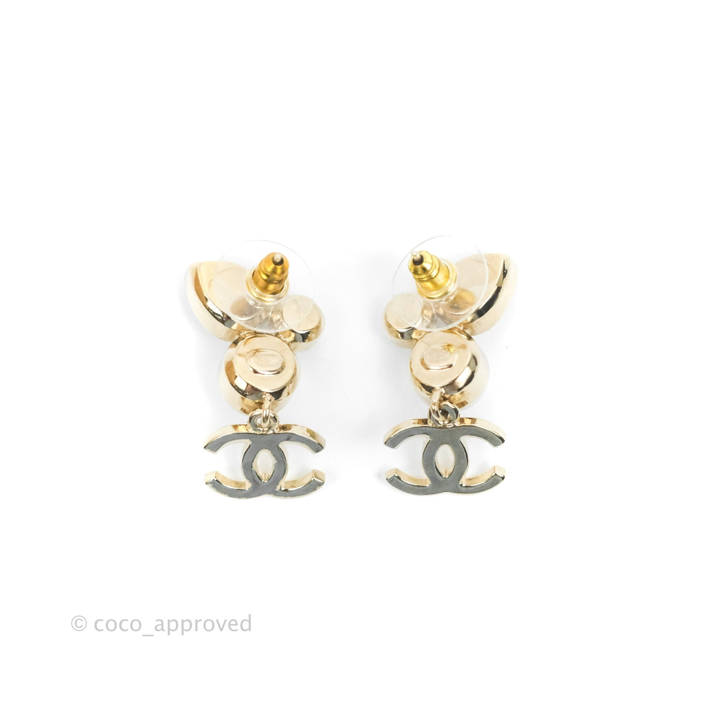 Chanel Crystal Pearl CC Drop Earrings Gold Tone 22C
