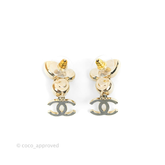 Chanel Crystal Pearl CC Drop Earrings Gold Tone 22C