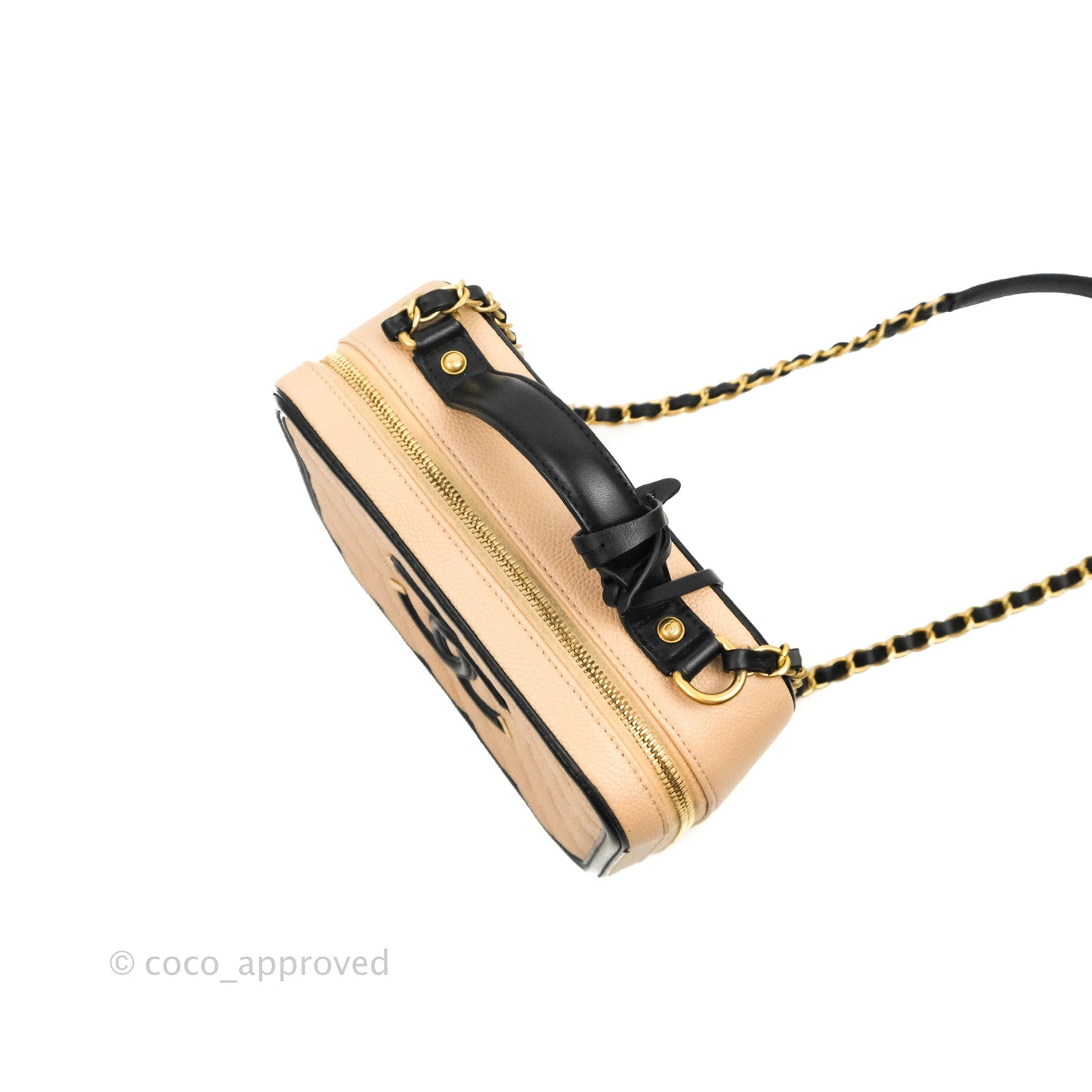 Chanel Quilted Medium CC Filigree Vanity Case Beige Caviar Aged Gold Hardware
