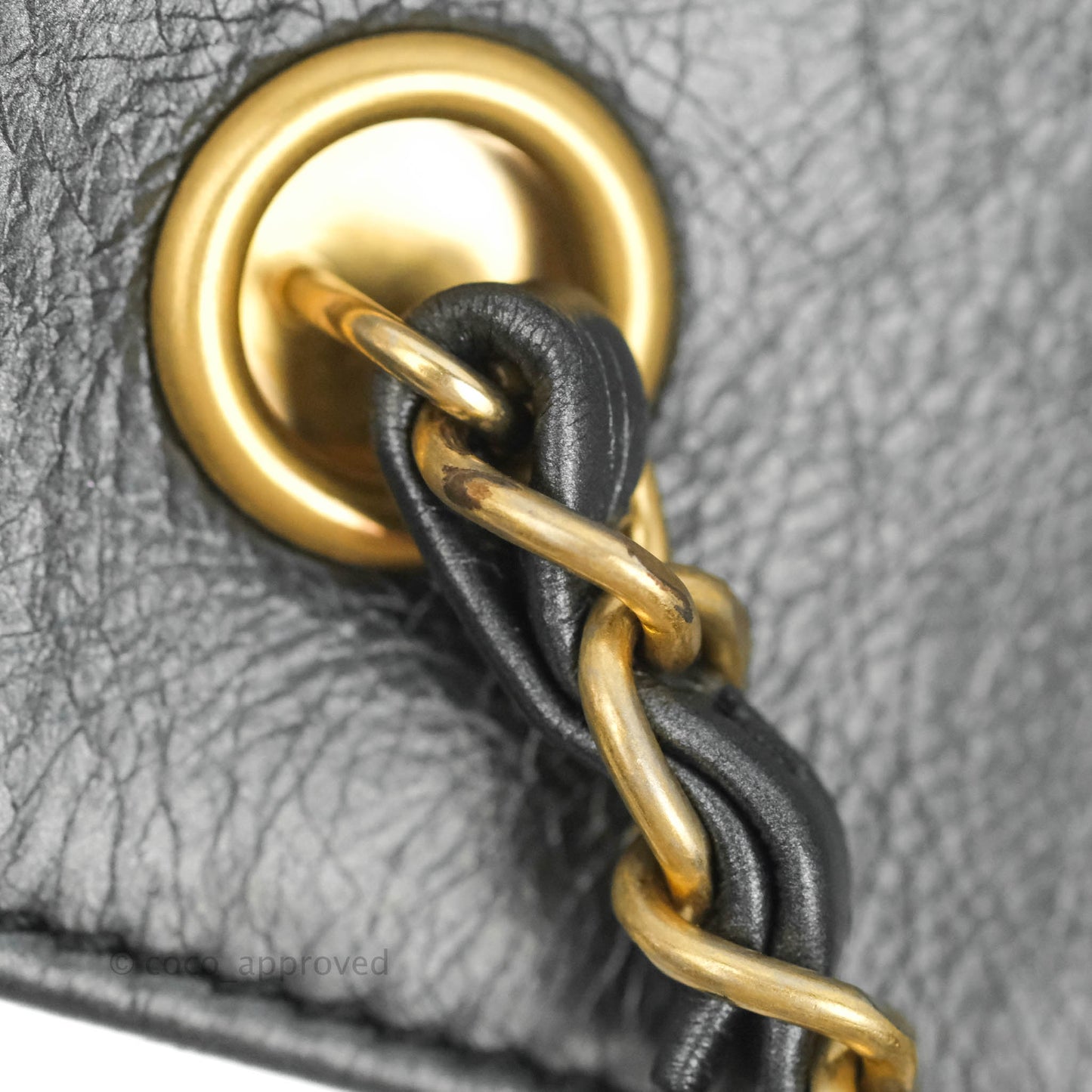 Chanel Quilted Drawstring Shopping Tote Bag Metallic Dark Grey Aged Calfskin Aged Gold Hardware