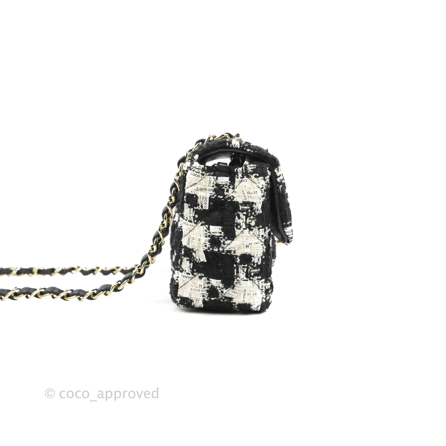 Chanel Quilted Mini Rectangular Flap Tweed Houndstooth Black & White Gold Hardware