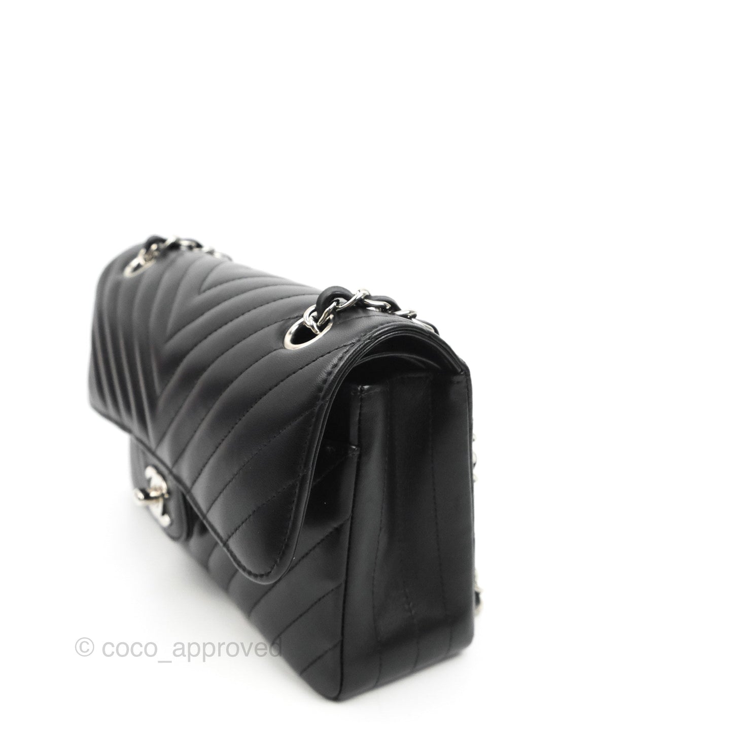 Chanel Small Classic Flap Chevron Black Lambskin Silver Hardware 21C
