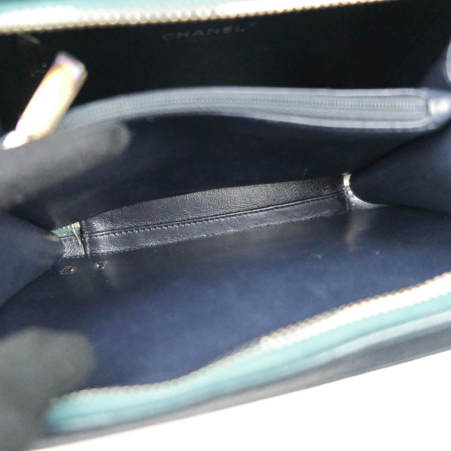 Chanel Quilted Medium CC Filigree Vanity Case Iridescent Dark Turquoise Caviar Rainbow Hardware