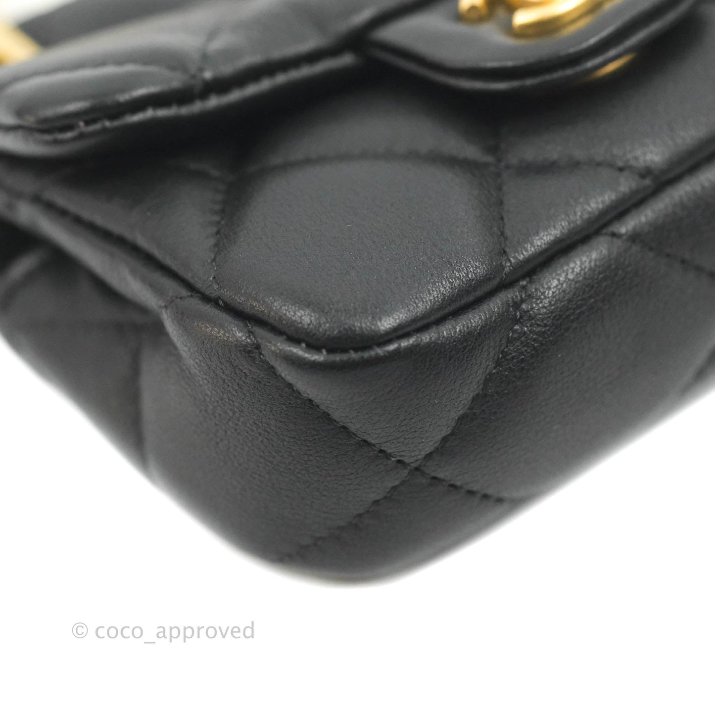 Chanel Quilted Lady Handle Flap Card Holder With Chain Black Calfskin Gold Hardware