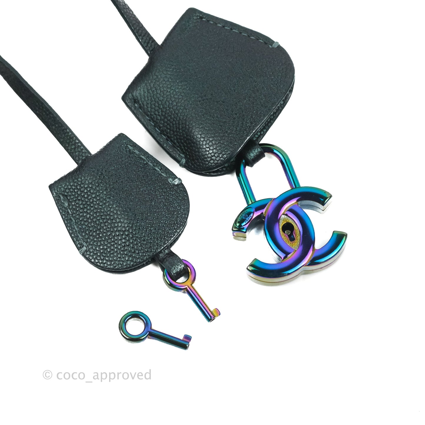 Chanel Quilted Medium CC Filigree Vanity Case Iridescent Dark Turquoise Caviar Rainbow Hardware
