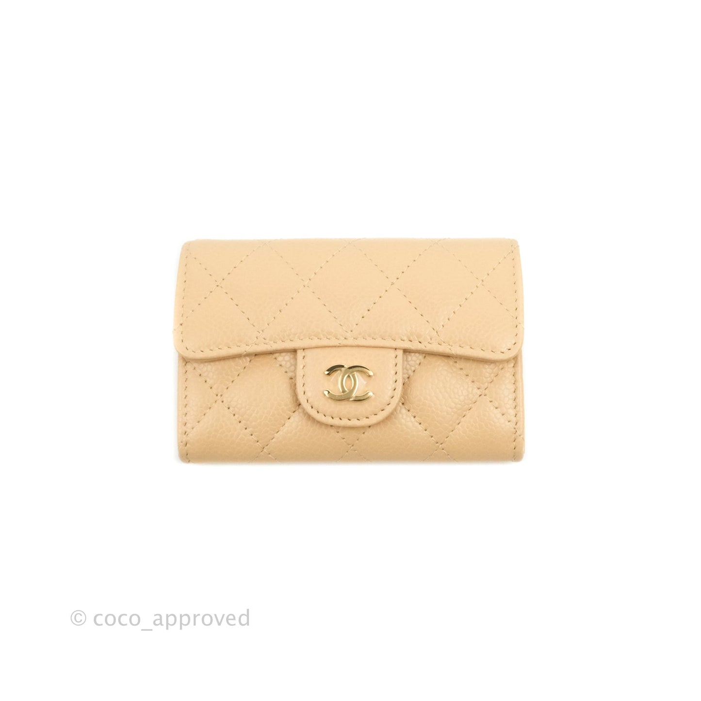 Chanel Quilted Flap Card Holder Beige Caviar Gold Hardware