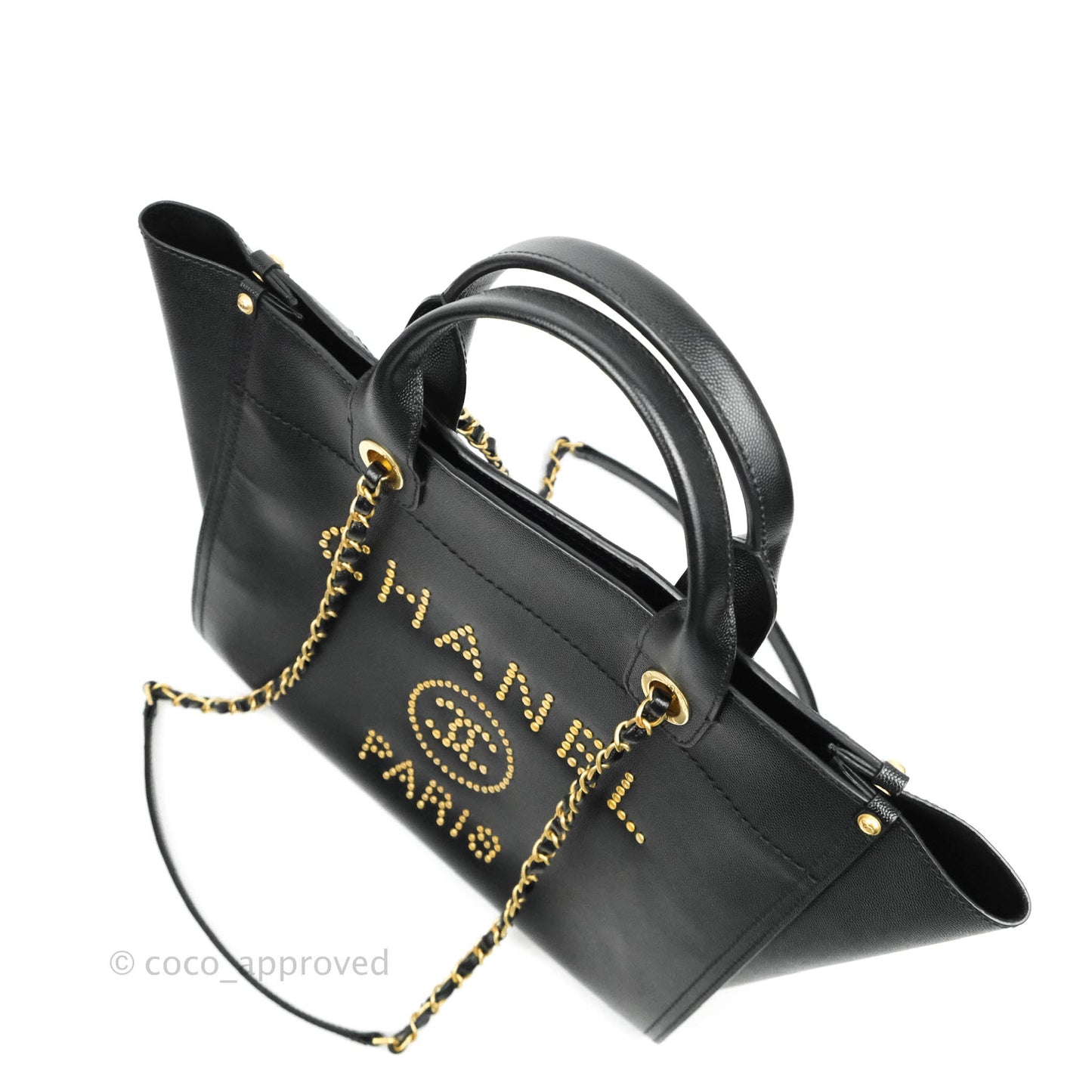 Chanel Small Studded Deauville Tote Black Caviar Gold Hardware