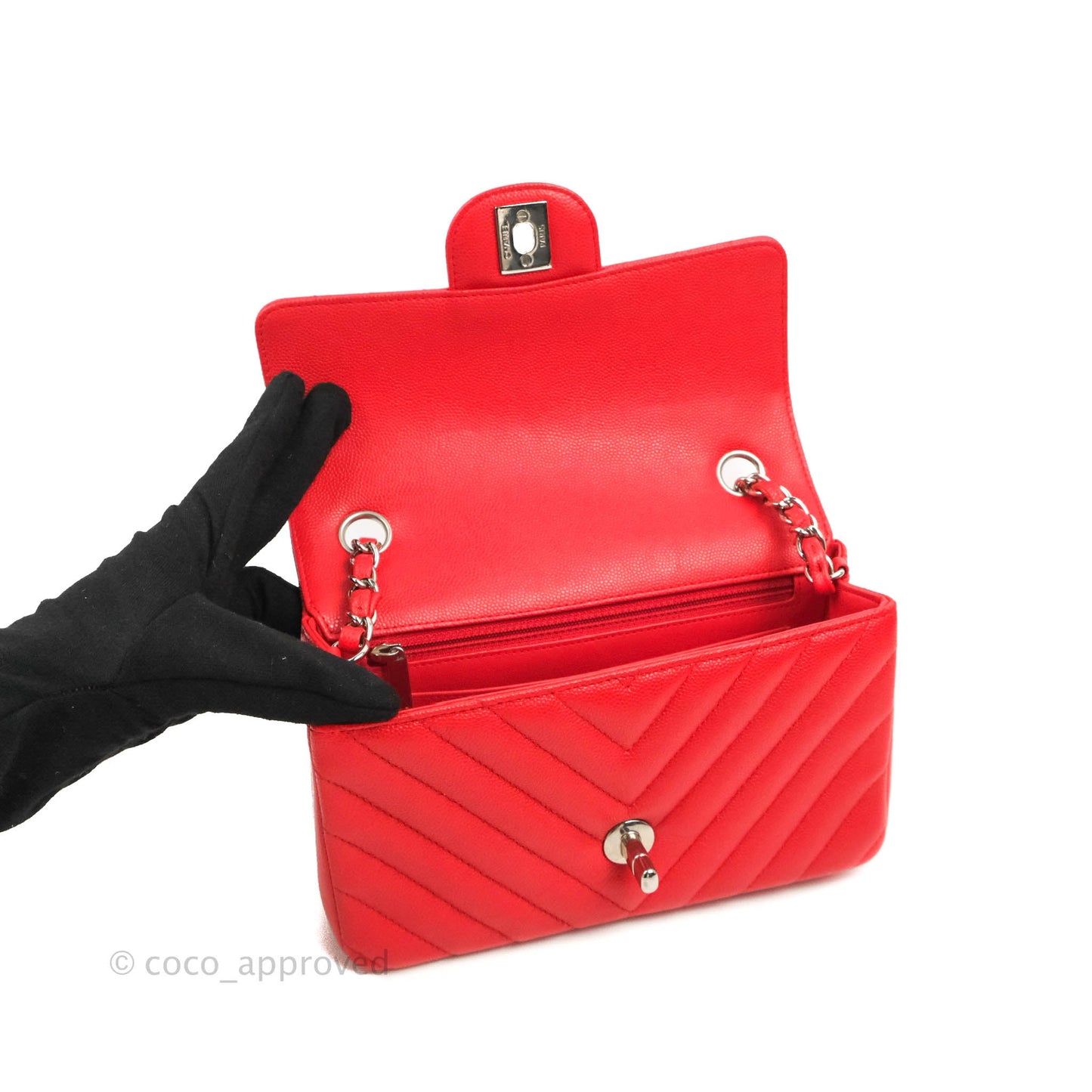 Chanel Quilted Mini Rectangular Flap Red Chevron Caviar Silver Hardware