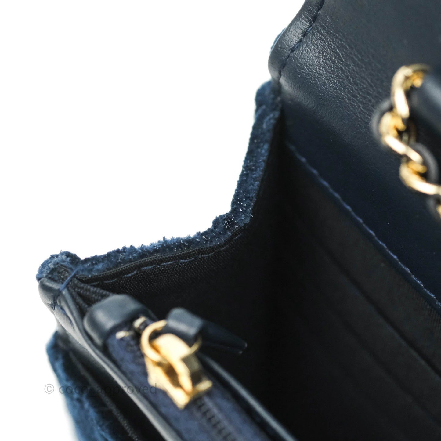 Chanel Quilted Crystal Pearl Crush Wallet on Chain WOC Navy Velvet Gold Hardware