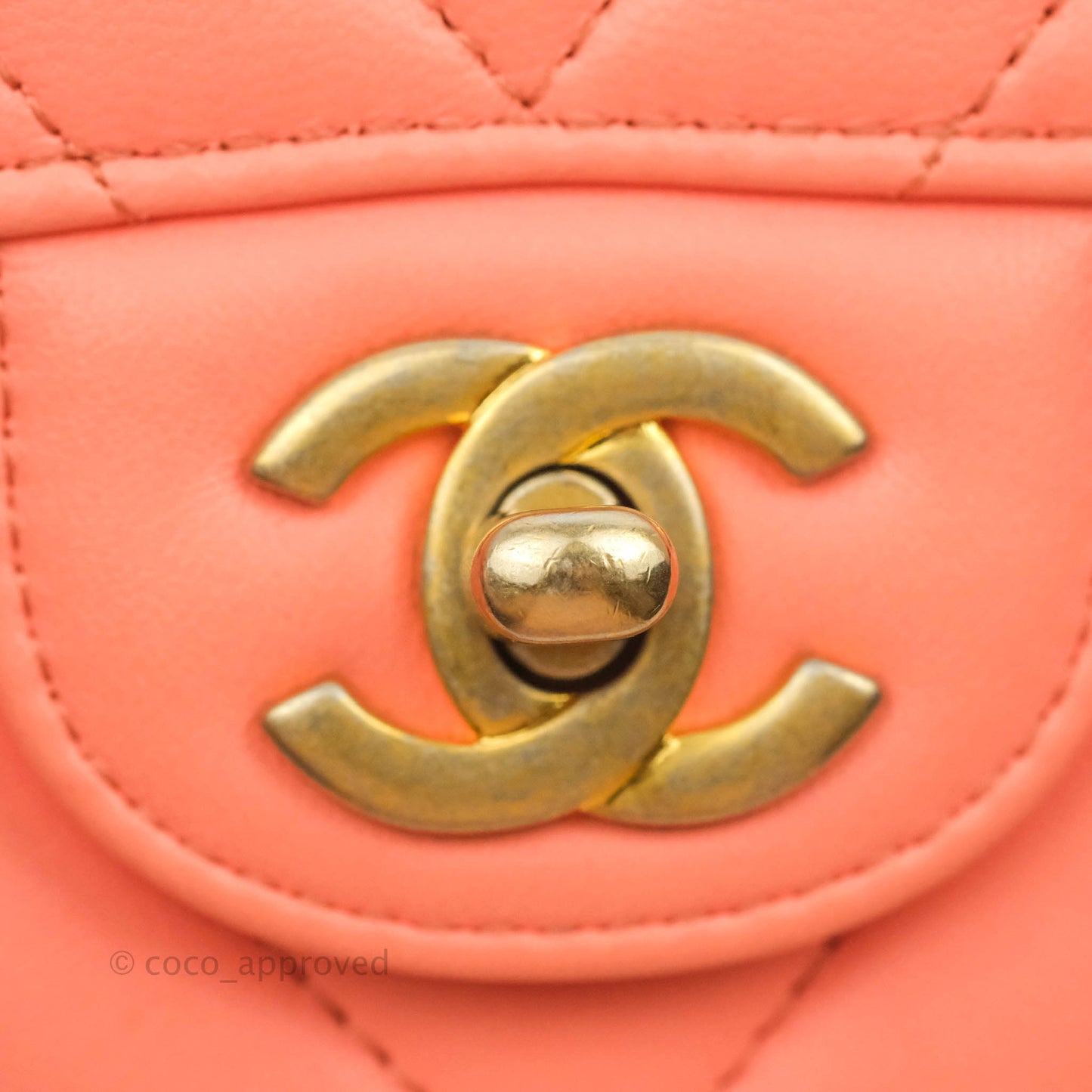 Chanel Classic M/L Medium Chevron Double Flap Coral Pink Lambskin Aged Gold Hardware
