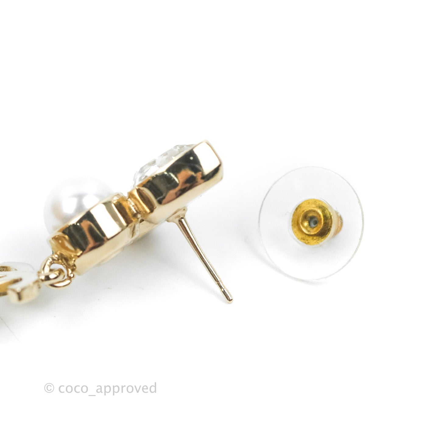 Chanel Crystal Pearl CC Drop Earrings Gold Tone 22C