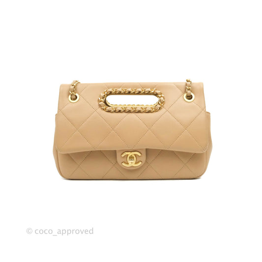 Chanel A Real Catch Quilted Flap Bag Beige Aged Gold Hardware