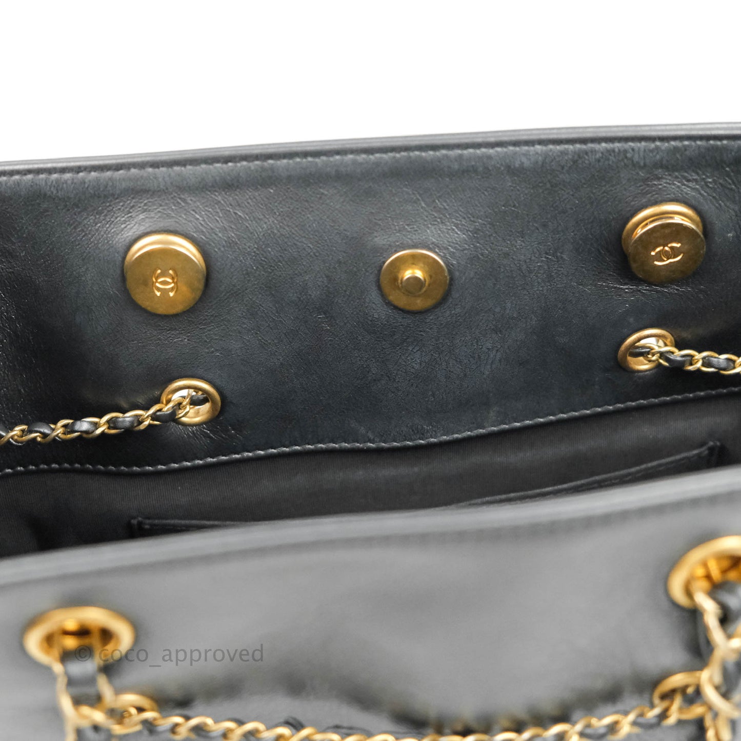 Chanel Quilted Drawstring Shopping Tote Bag Metallic Dark Grey Aged Calfskin Aged Gold Hardware