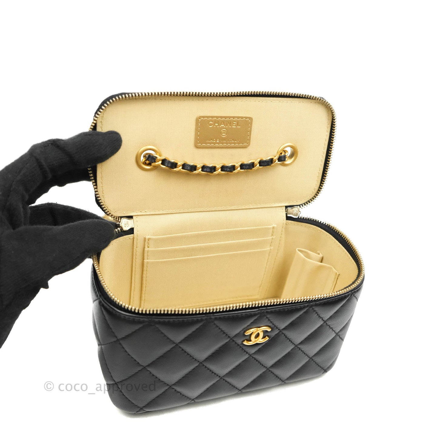 Chanel Vanity with Pearl Crush Chain in Black Lambskin Aged Gold Hardware