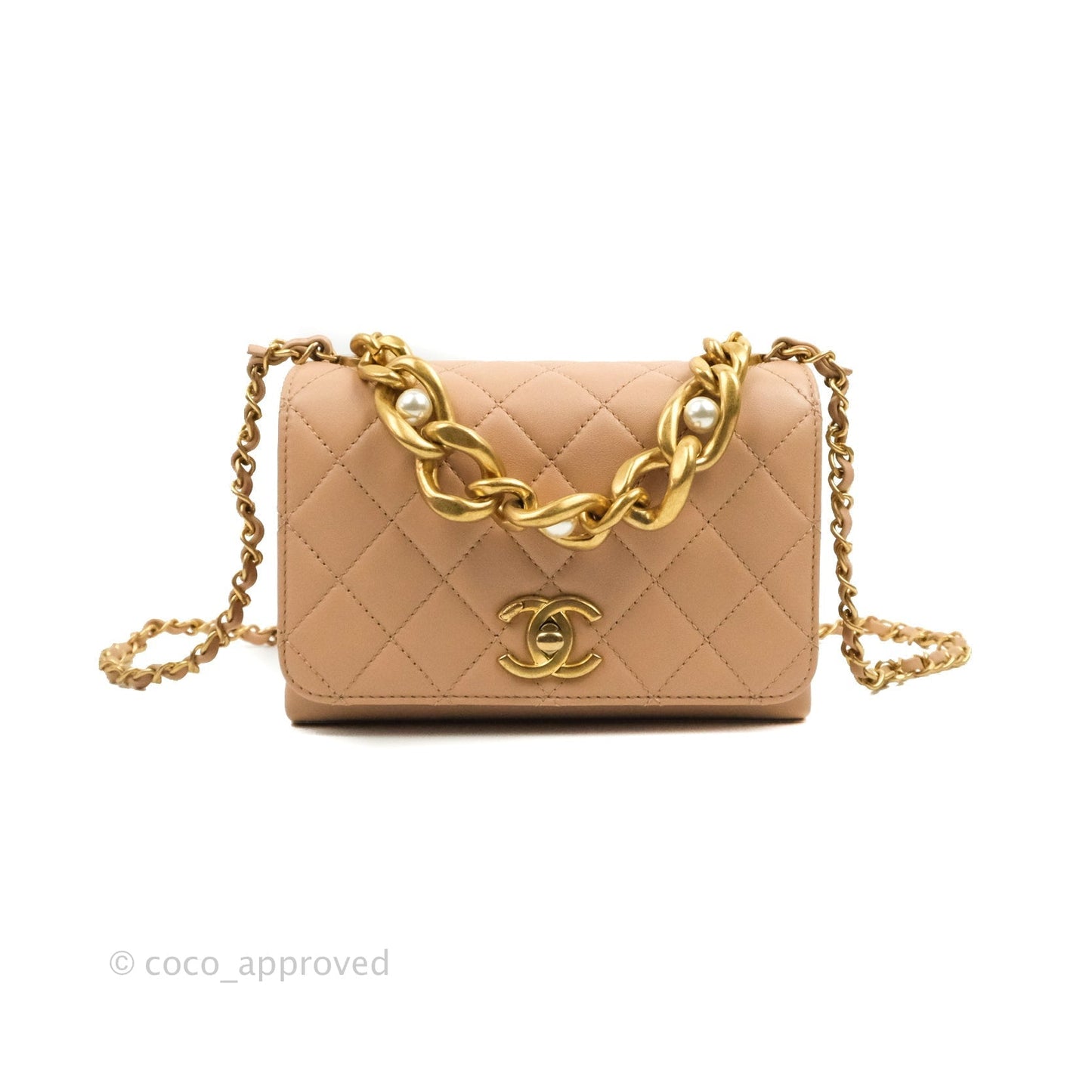 Chanel Pearl Chain Bag Pink Calfskin Aged Gold Hardware