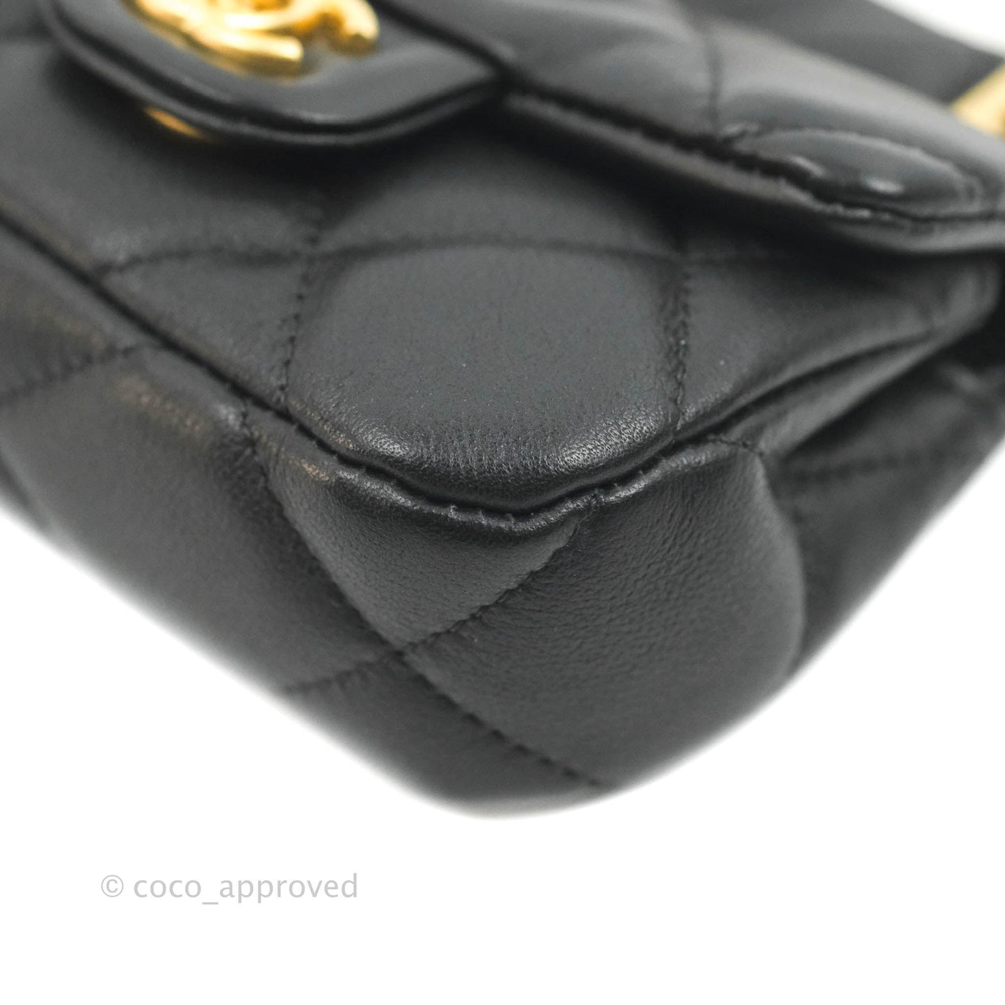 Chanel Quilted Lady Handle Flap Card Holder With Chain Black Calfskin Gold Hardware
