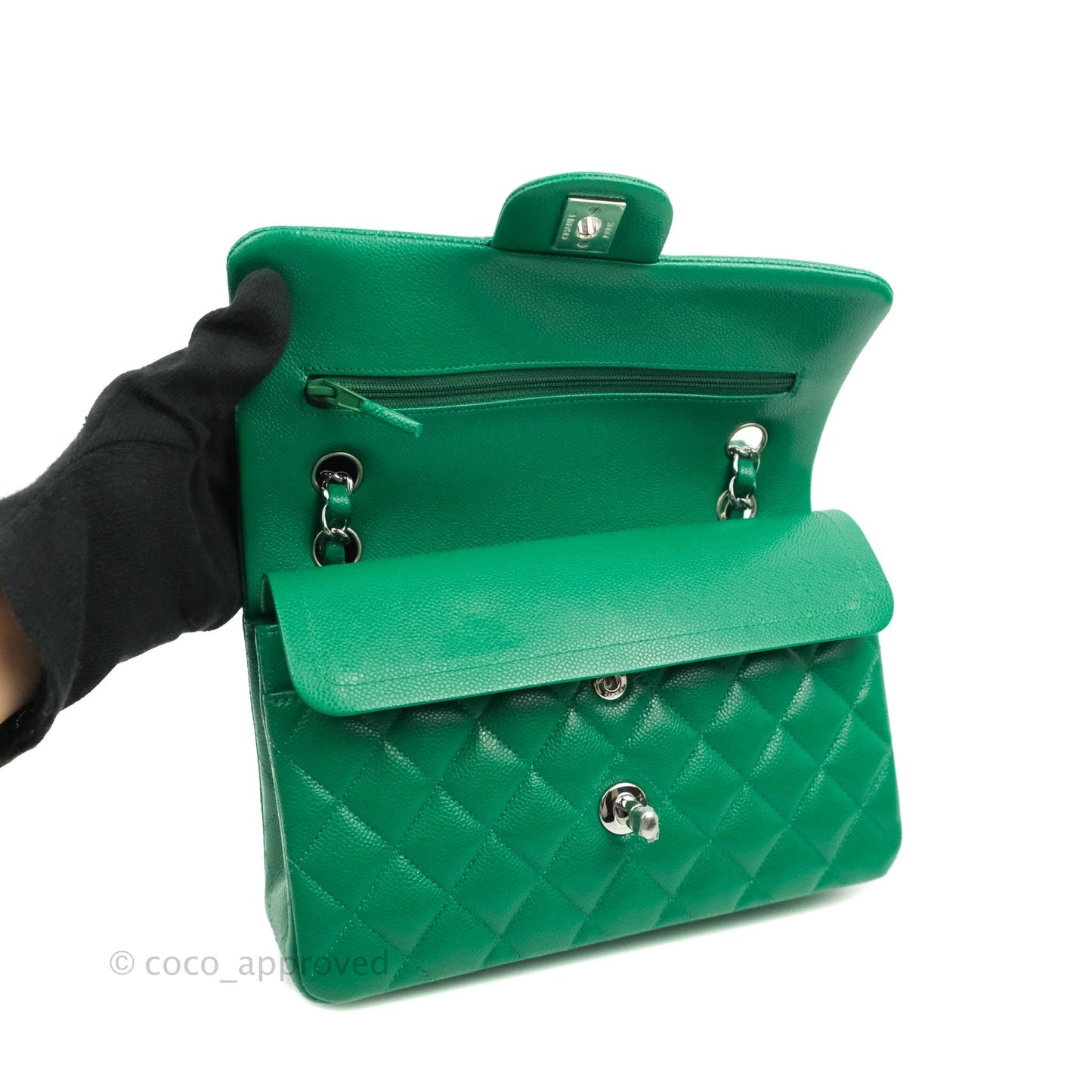 Chanel Small Classic Quilted Flap Green Caviar Silver Hardware 20B