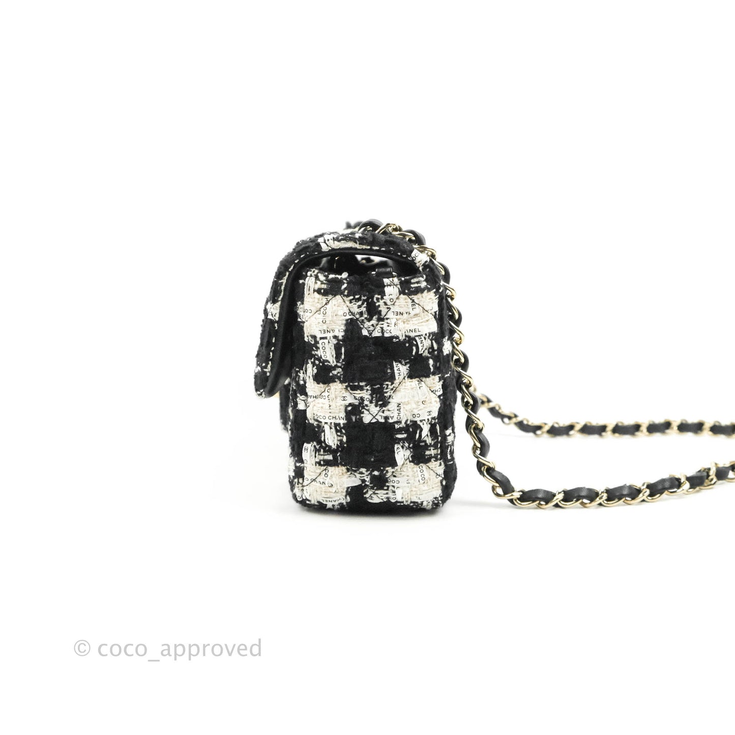 Chanel Quilted Mini Rectangular Flap Tweed Houndstooth Black & White Gold Hardware