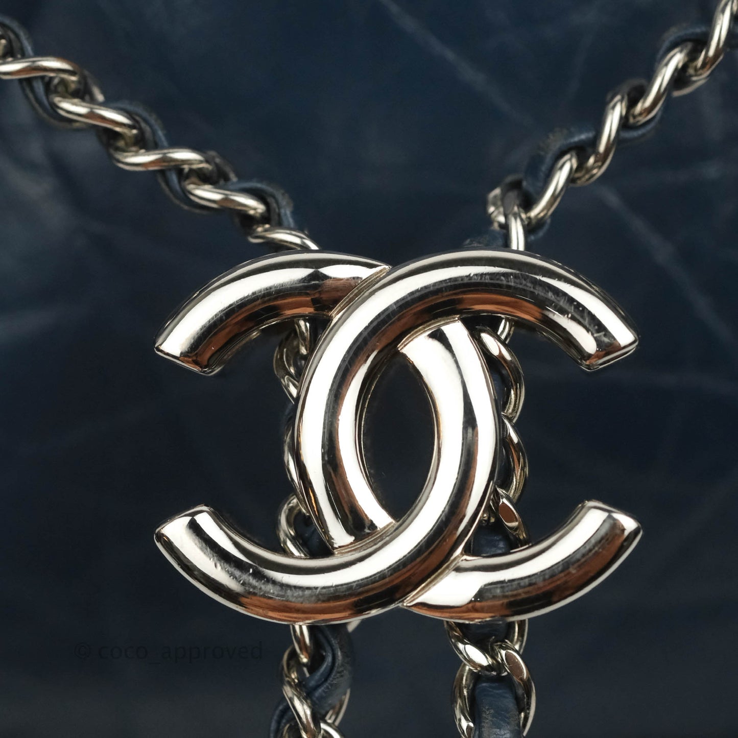 Chanel Drawstring Bucket Bag Dark Blue Aged Calfskin Silver Hardware