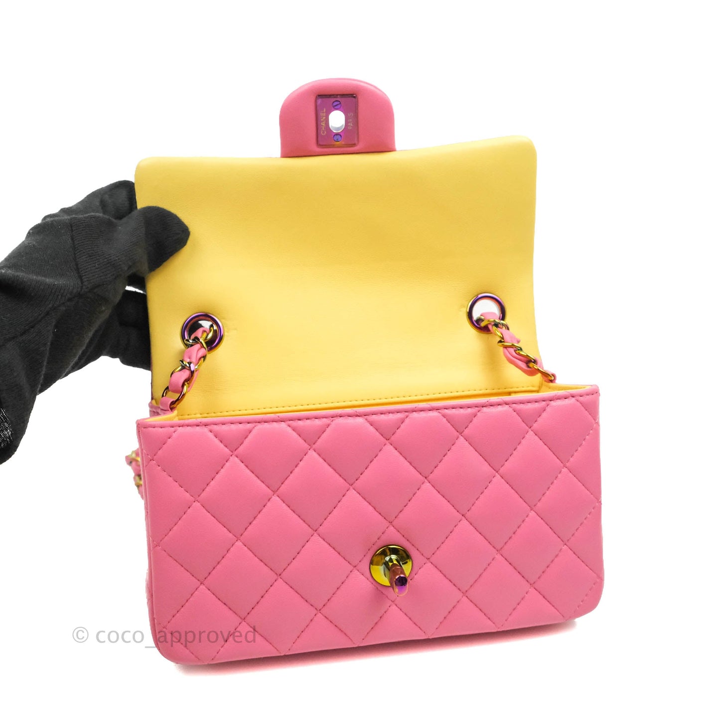 Chanel Mini Rectangular Pink Lambskin Rainbow Hardware
