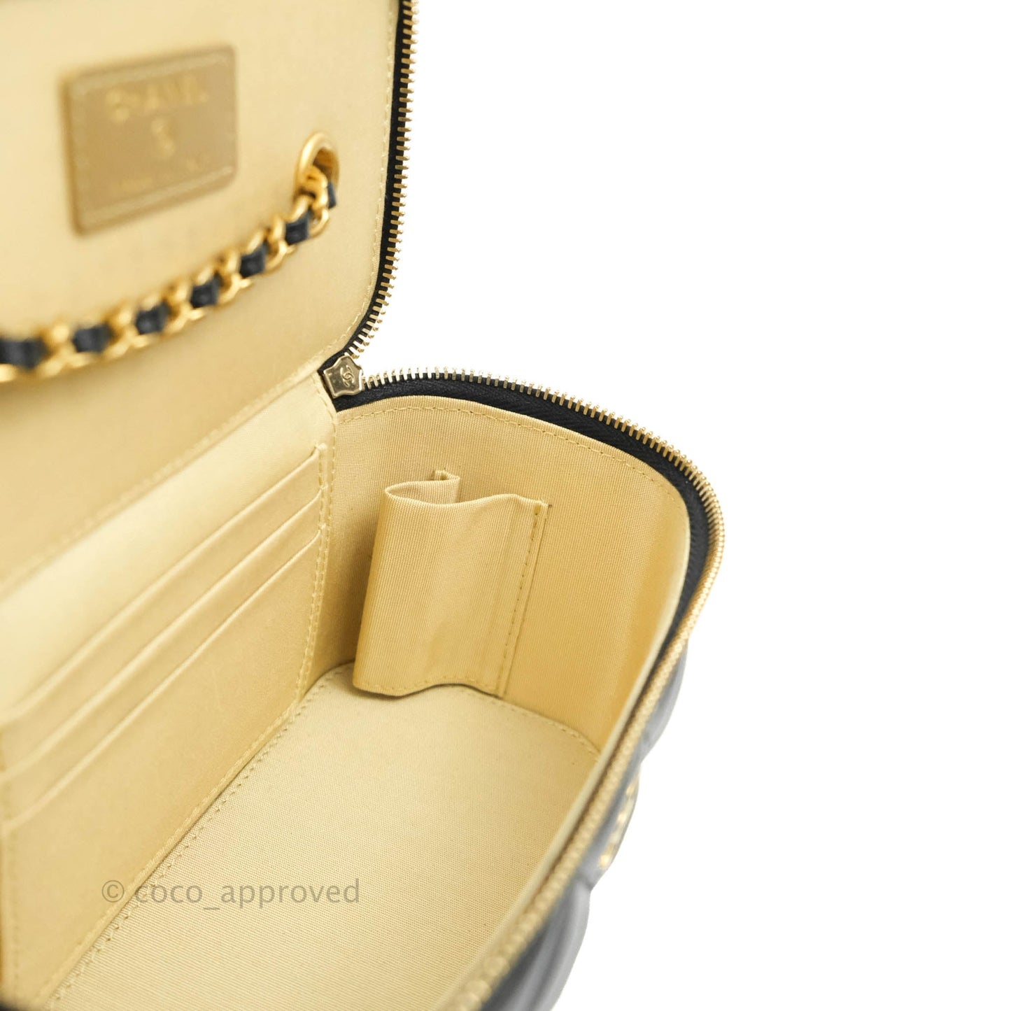 Chanel Vanity with Pearl Crush Chain in Black Lambskin Aged Gold Hardware