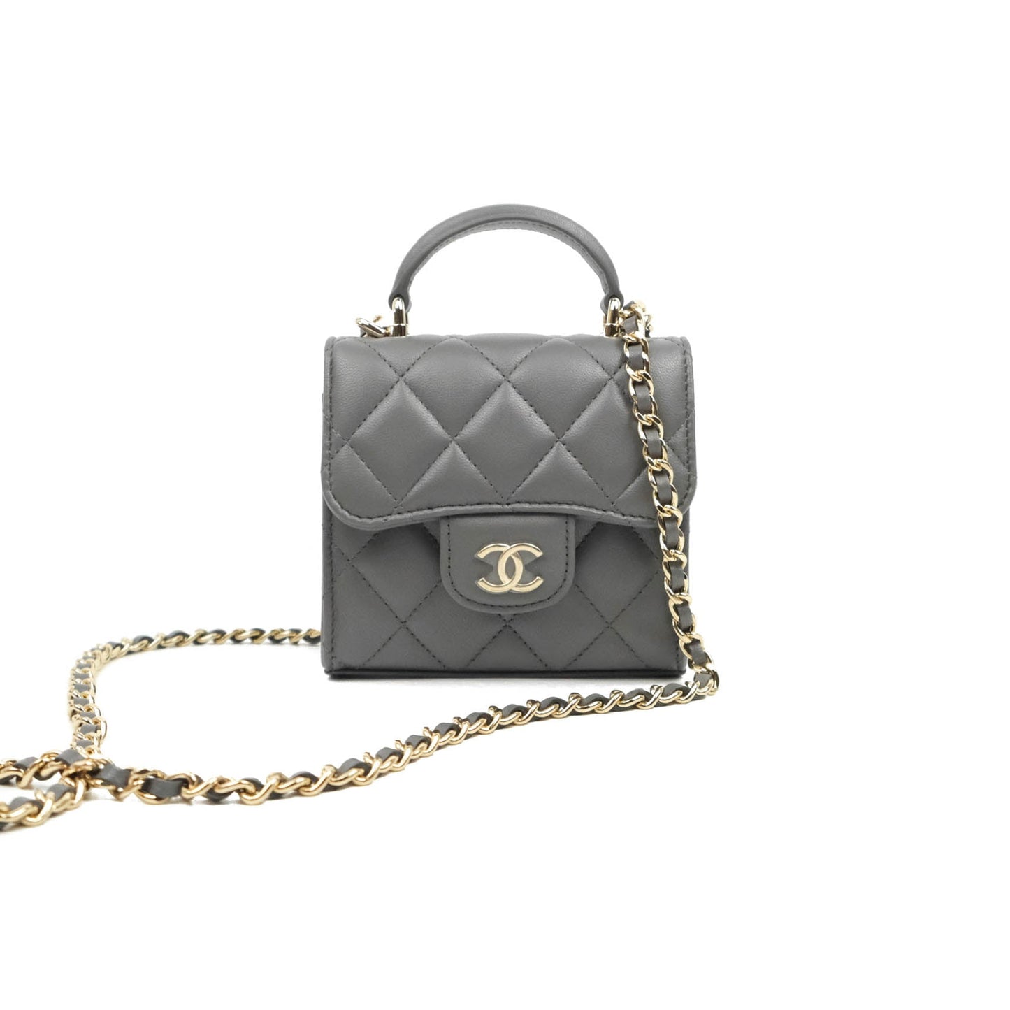 Chanel Mini Handle Clutch With Chain Grey Lambskin Gold Hardware