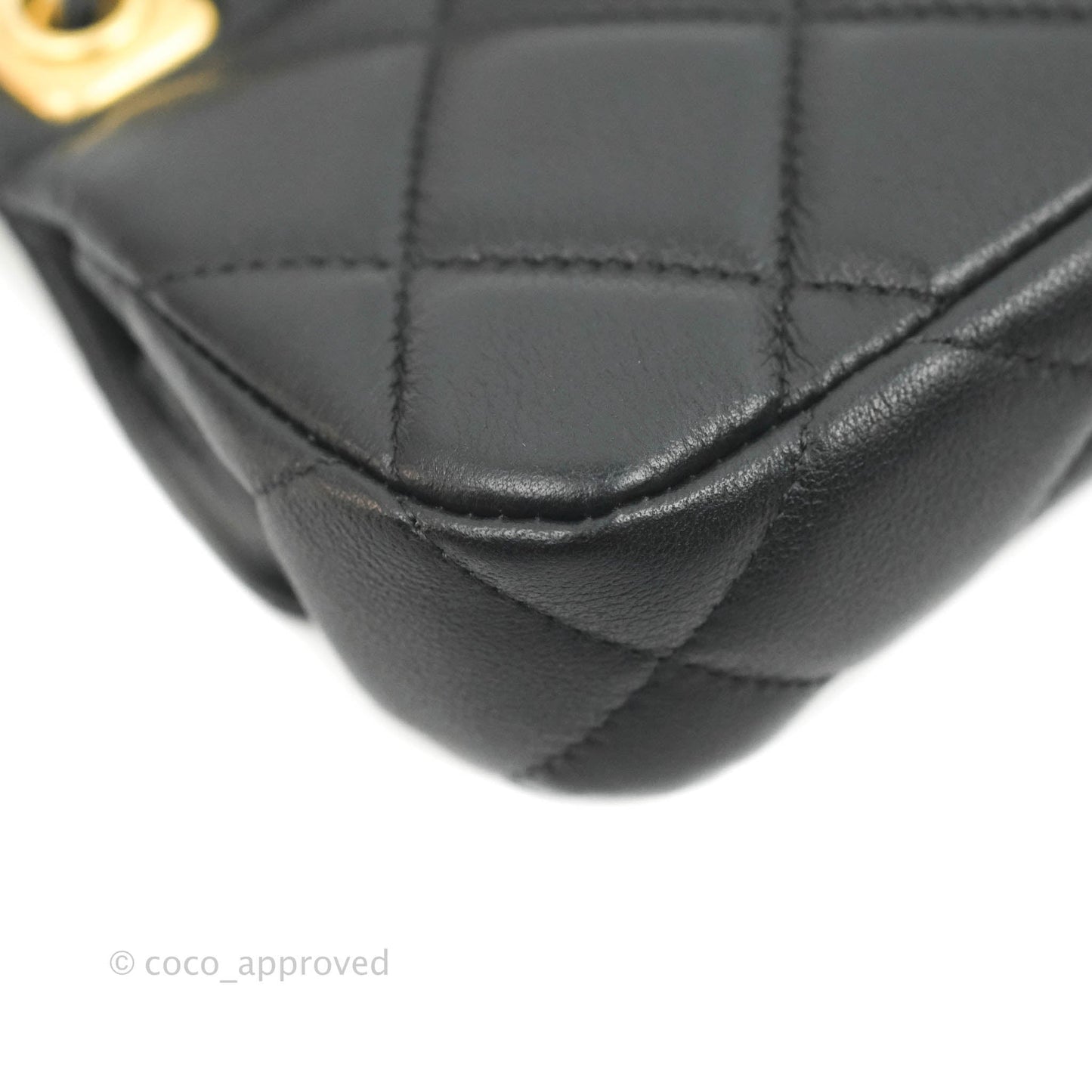Chanel Quilted Lady Handle Flap Card Holder With Chain Black Calfskin Gold Hardware