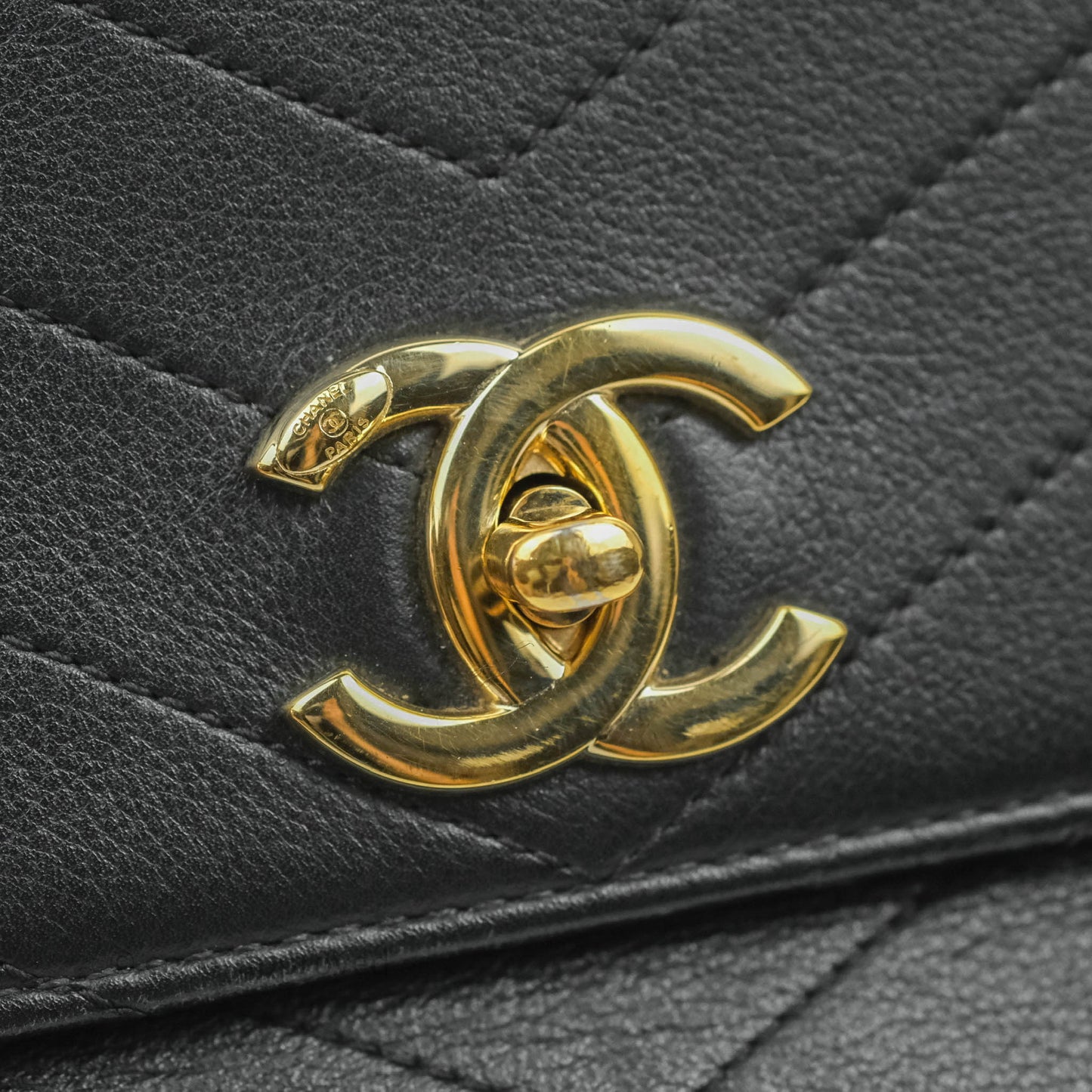 Chanel Chevron Top Handle Black Calfskin Gold Hardware