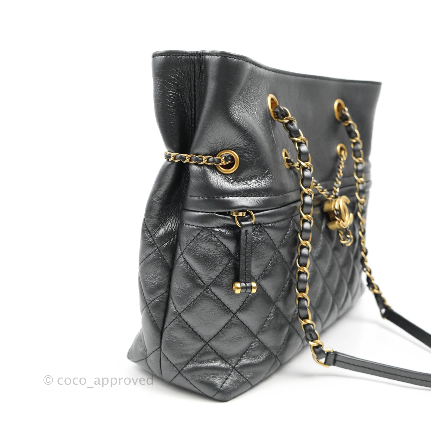 Chanel Quilted Drawstring Shopping Tote Bag Metallic Dark Grey Aged Calfskin Aged Gold Hardware