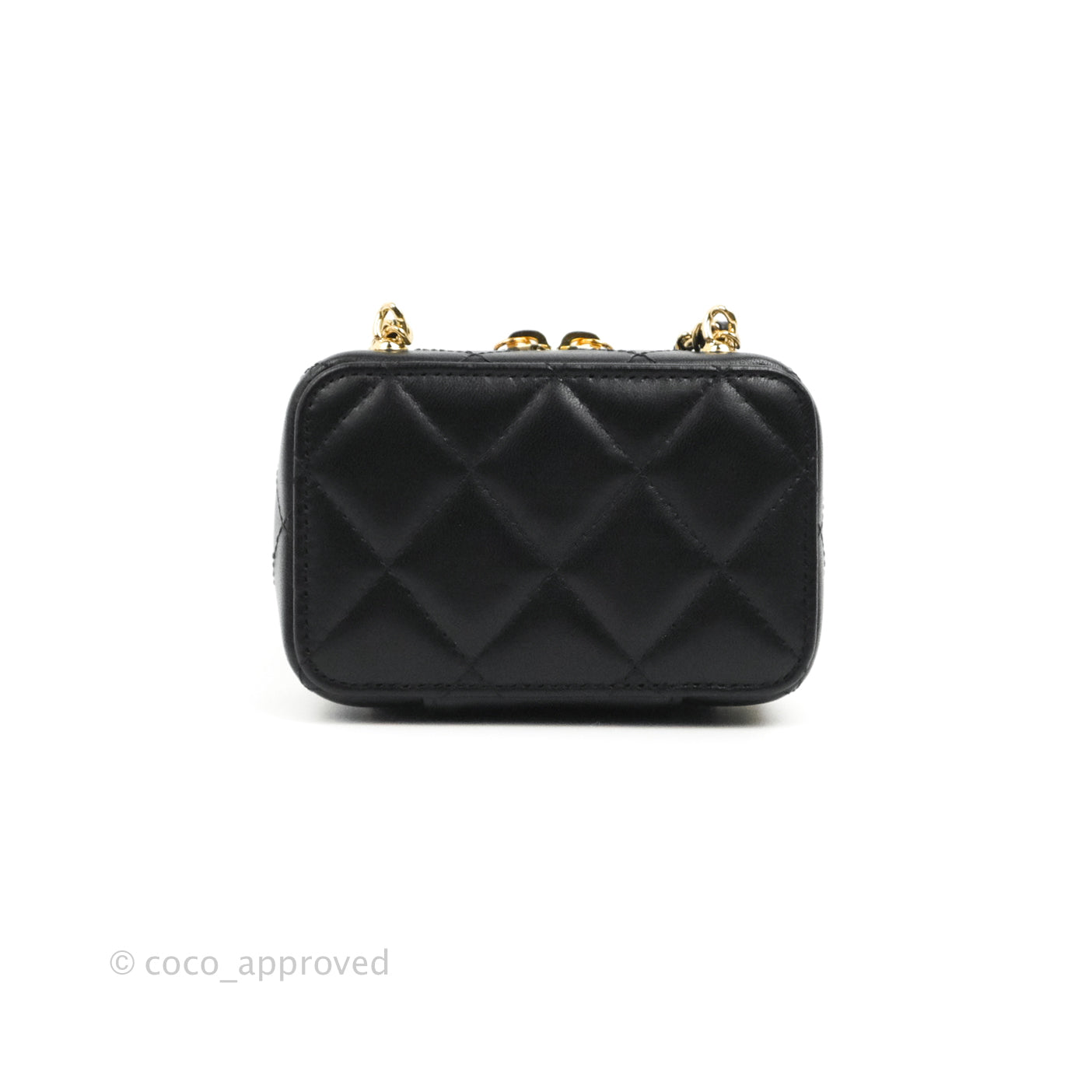 Chanel Quilted Mini Golden Plate Vanity Case With Chain Black Lambskin Gold Hardware