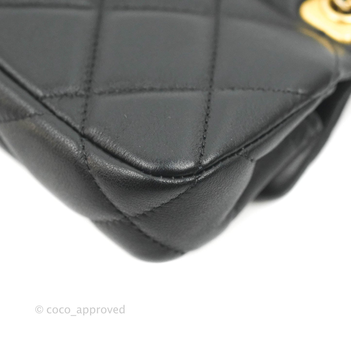 Chanel Quilted Lady Handle Flap Card Holder With Chain Black Calfskin Gold Hardware