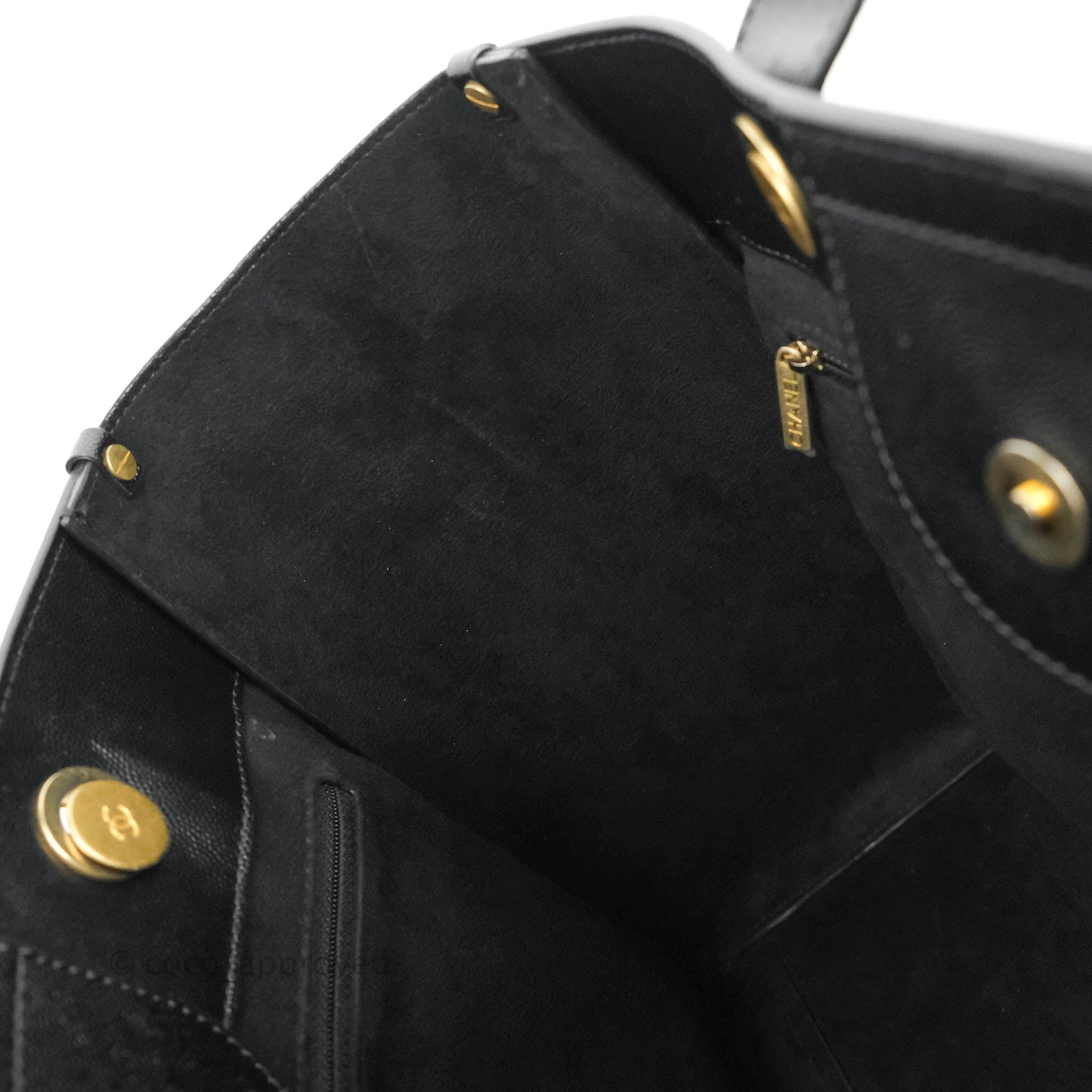 Chanel Small Studded Deauville Tote Black Caviar Gold Hardware