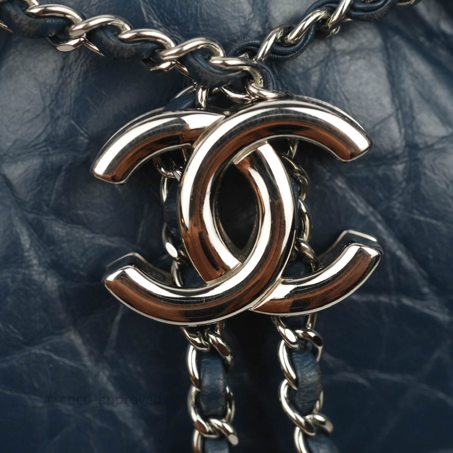 Chanel Drawstring Bucket Bag Dark Blue Aged Calfskin Silver Hardware