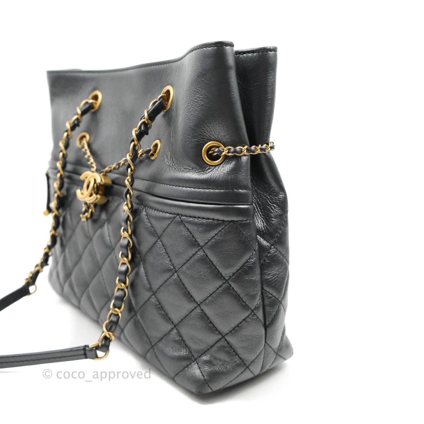 Chanel Quilted Drawstring Shopping Tote Bag Metallic Dark Grey Aged Calfskin Aged Gold Hardware