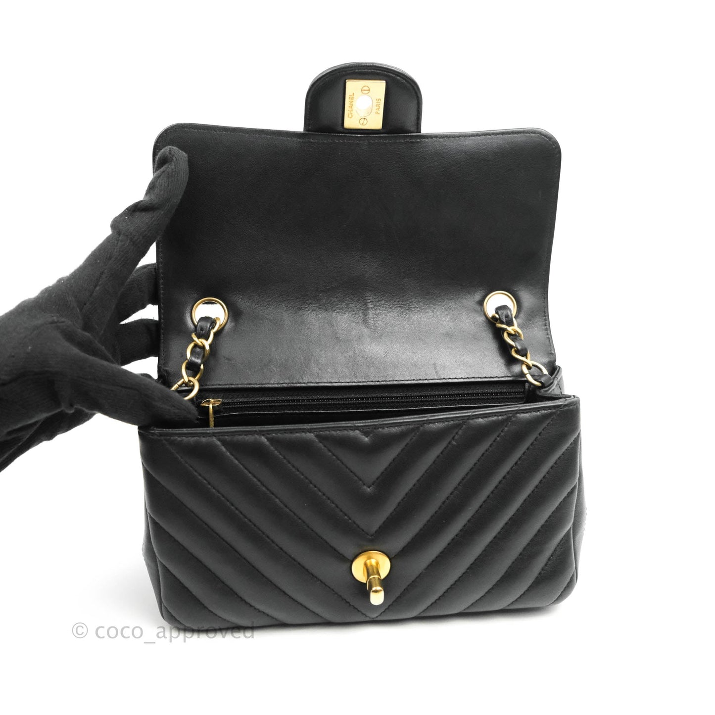 Chanel Chevron Mini Rectangular Flap Black Lambskin Aged Gold Hardware