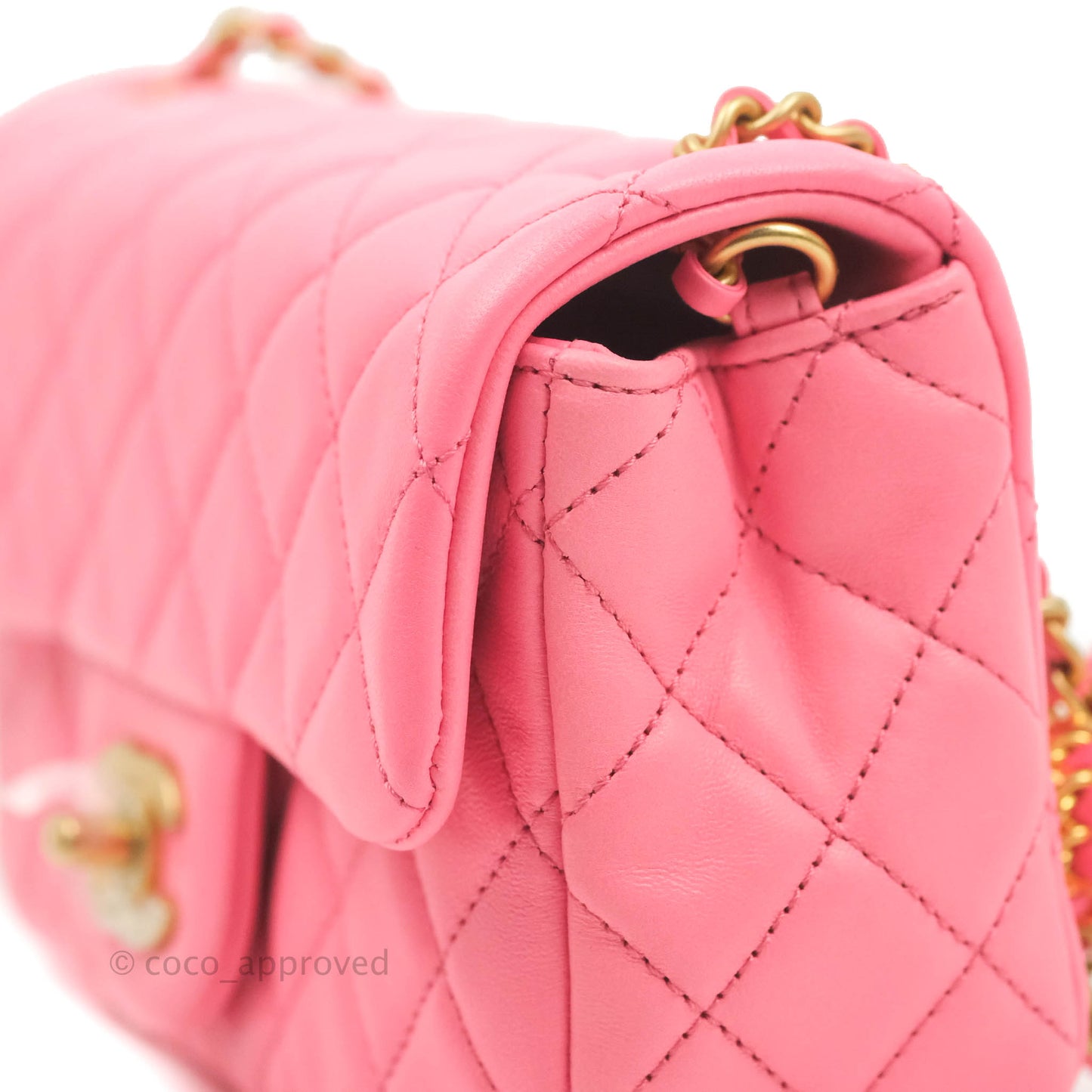 Chanel Mini Rectangular Pearl Crush Quilted Pink Lambskin Aged Gold Hardware
