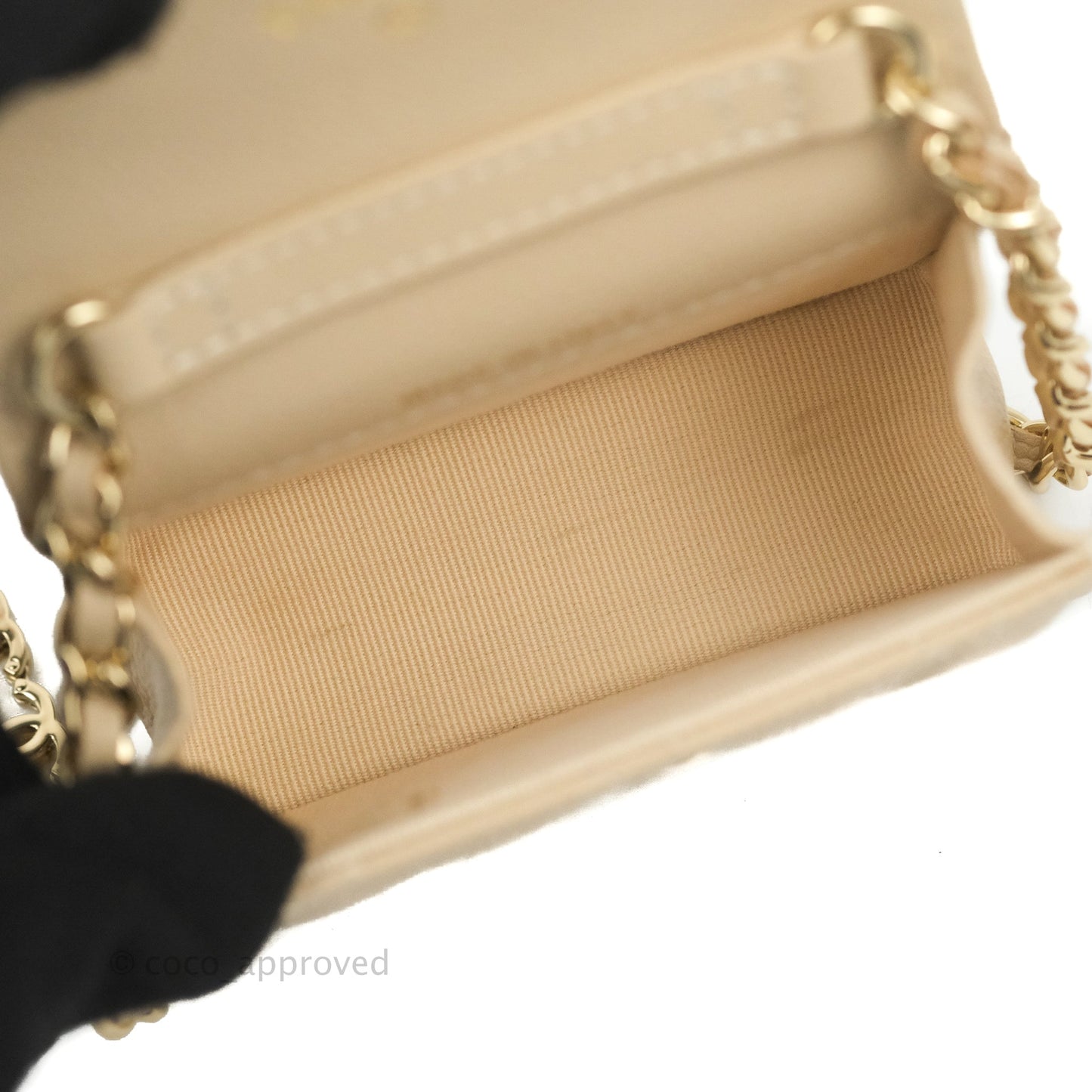 Chanel Quilted Card Holder with CC Chain Beige Caviar Gold Hardware