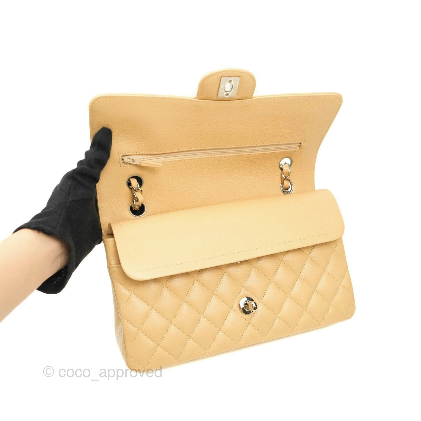 Chanel Classic M/L Medium Double Flap Beige Caviar Silver Hardware