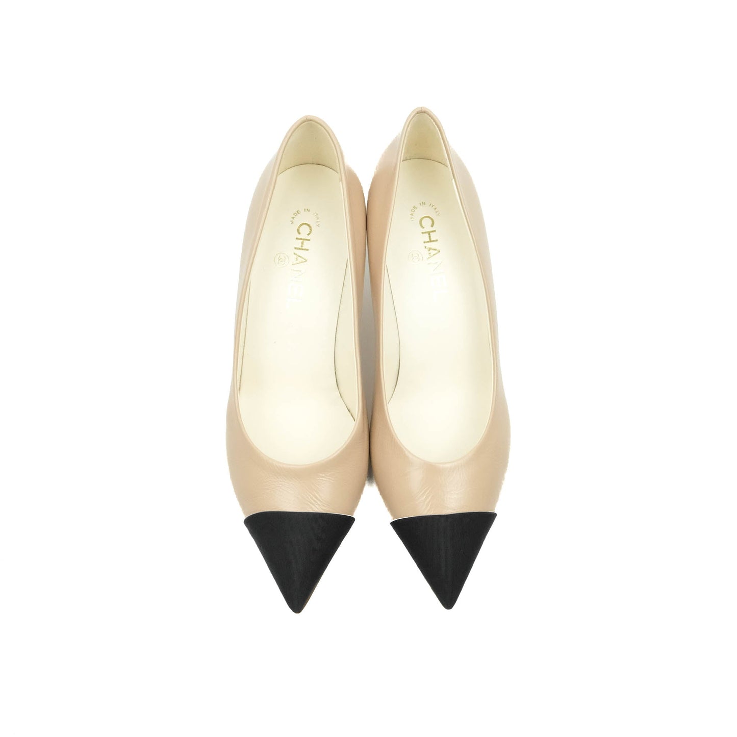 Chanel Beige Toe Pointed Black Pump Heels With CC Pearl Size 41