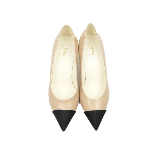 Chanel Beige Toe Pointed Black Pump Heels With CC Pearl Size 41
